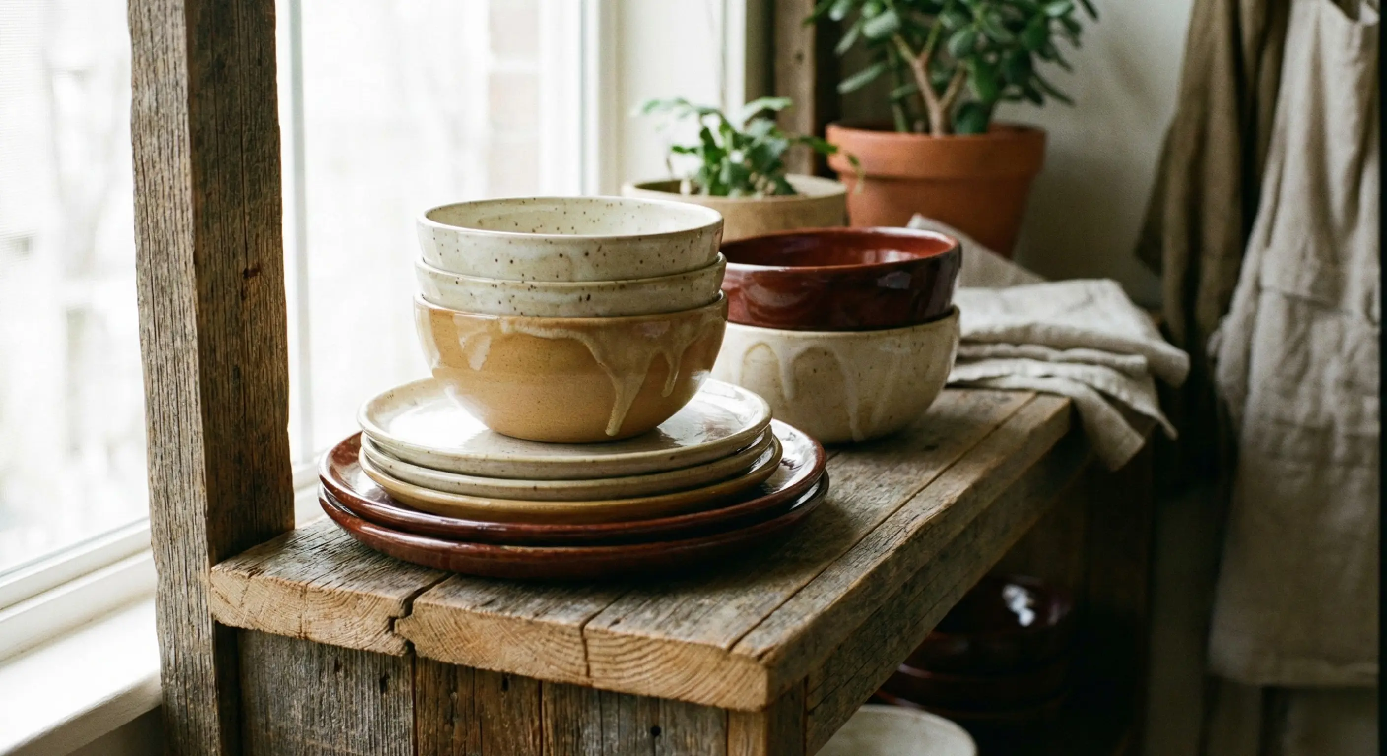 A stack of assorted East Fork Pottery bowls and plates in earthy colors showing their robust, thick profiles.