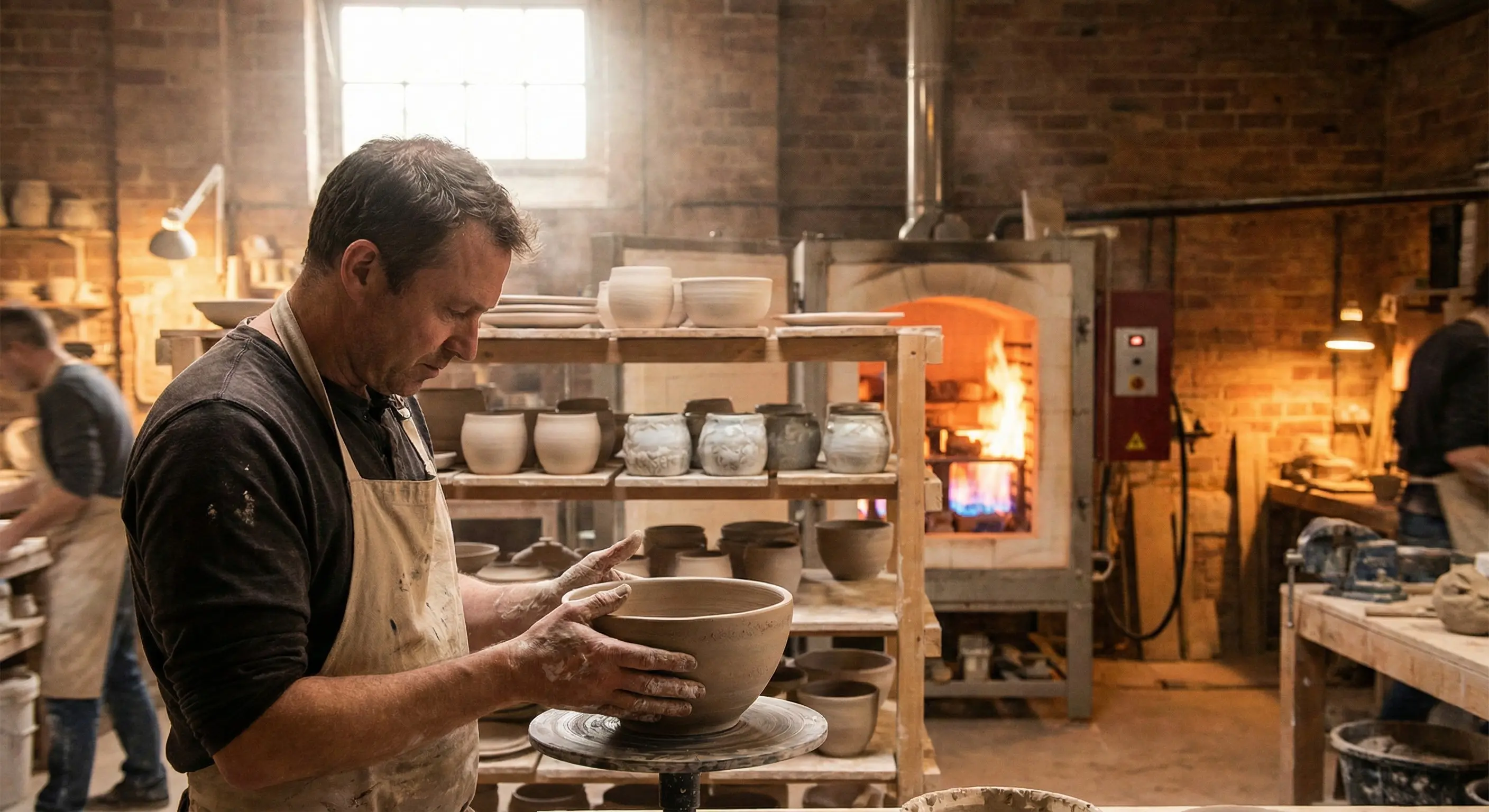A potter's studio showing the raw process of creating durable stoneware.