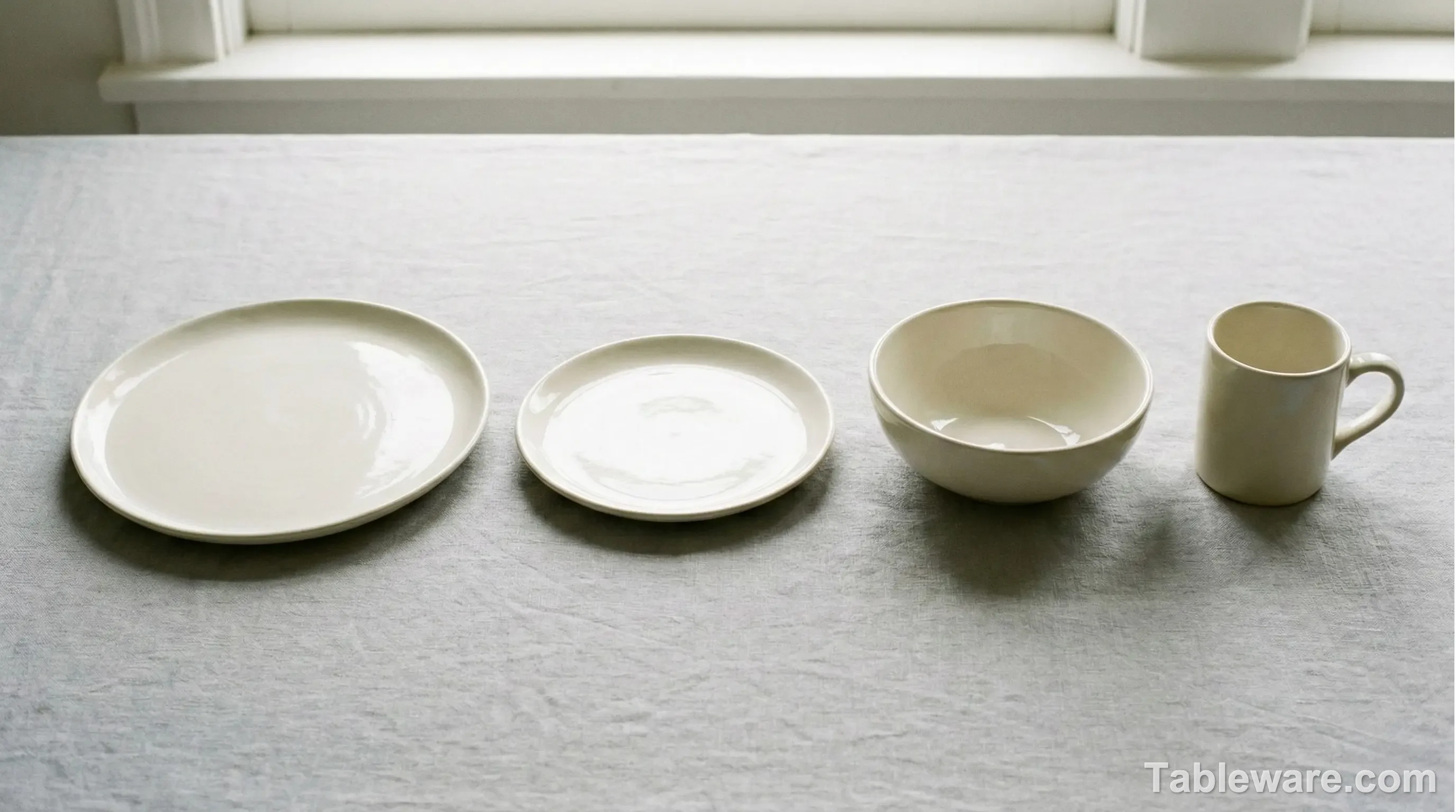 A deconstructed 4-piece ceramic place setting laid out on a linen surface, showing a dinner plate, a salad plate, a soup bowl, and a mug.