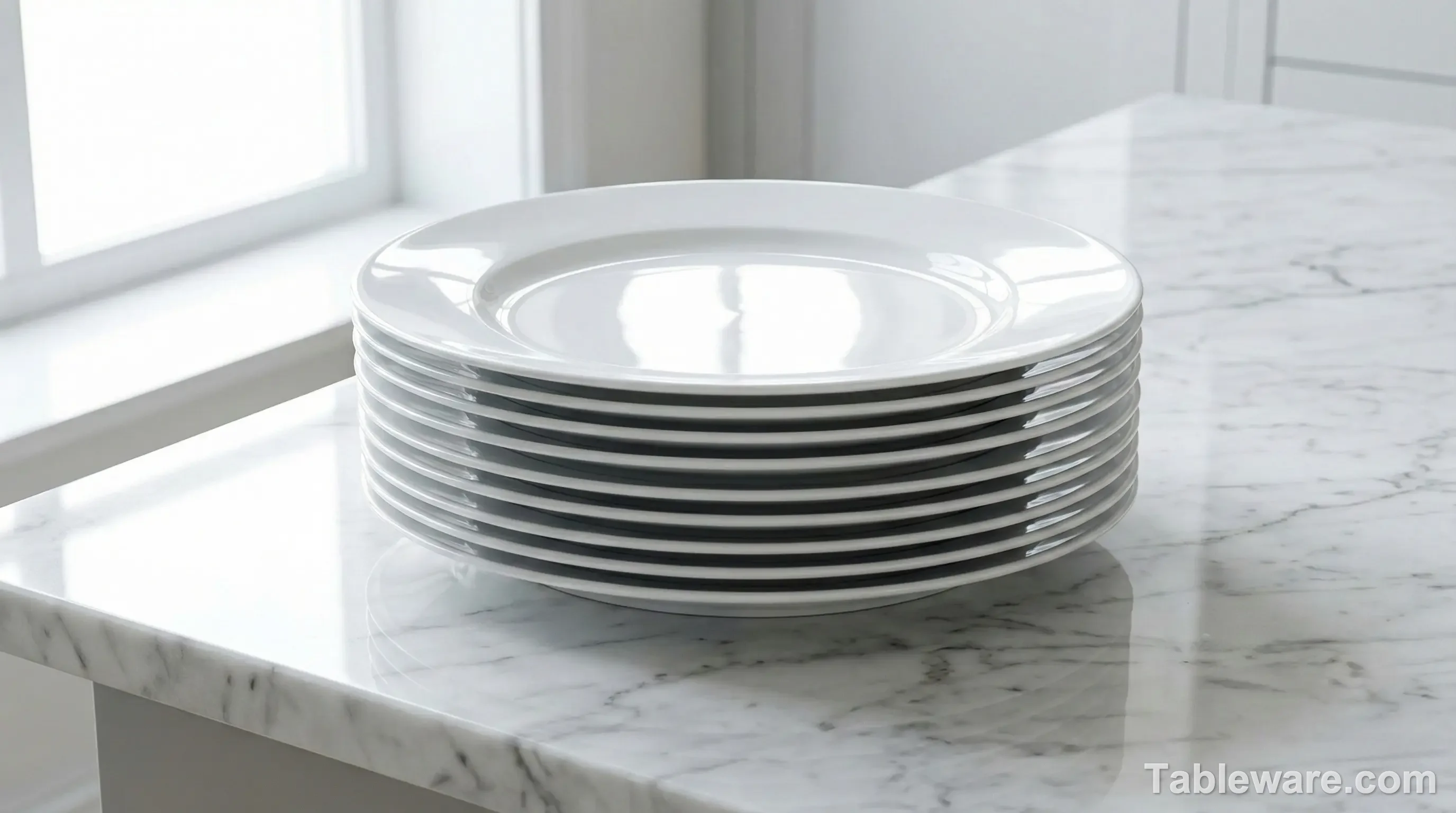 A stack of sleek, minimalist white porcelain dinnerware.
