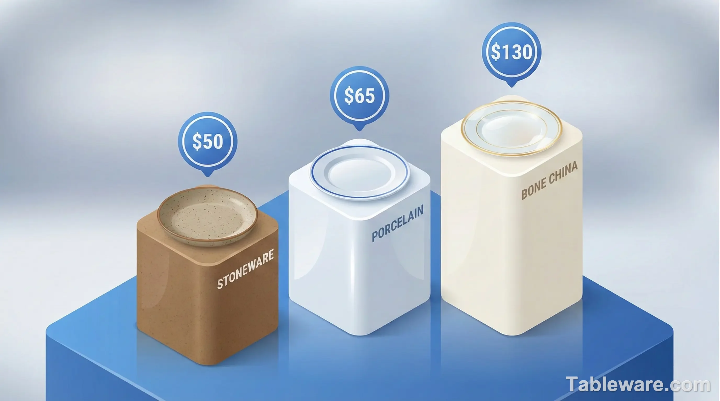 A stylized bar chart comparison showing retail price vs target price for stoneware, porcelain, and bone china.
