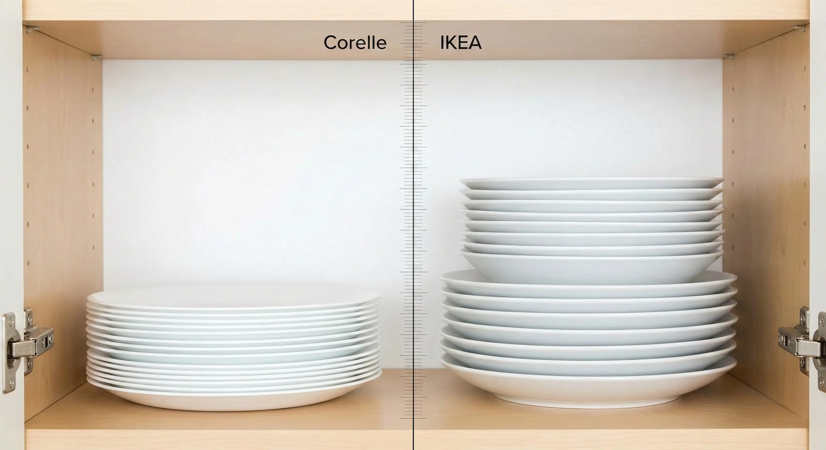 A direct comparison of stacking efficiency between Corelle and IKEA porcelain plates.