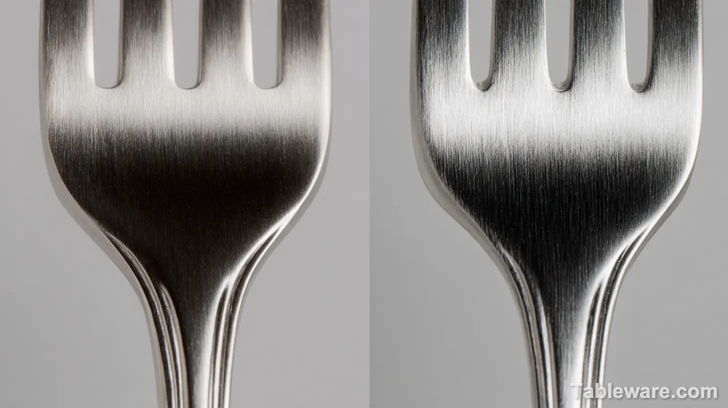 Macro comparison of 18/0 and 18/10 stainless steel showing difference in reflectivity and polish.