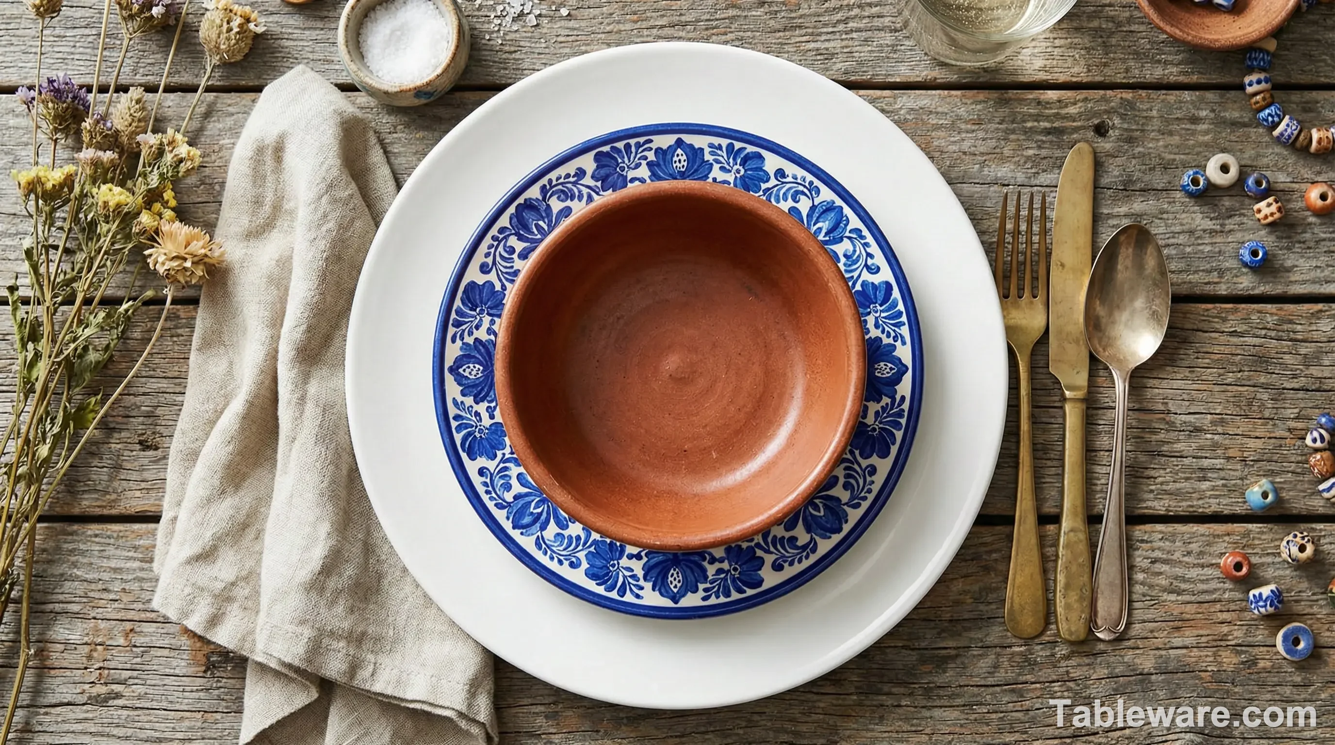 A creatively set dining table featuring a mix of white coupe dinner plates layered with patterned blue floral salad plates and contrasting terracotta bowls.