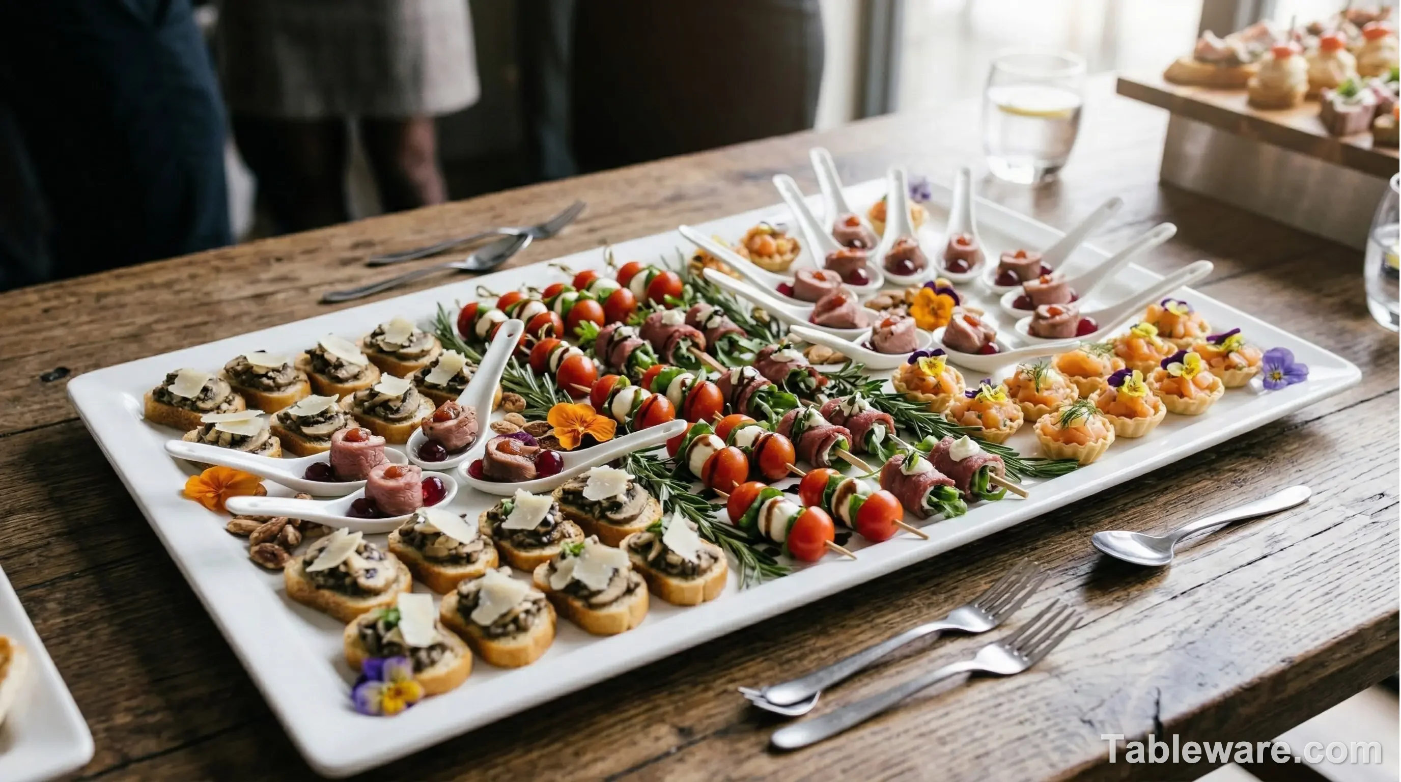 A large, heavy-duty rectangular white serving platter filled with appetizers.