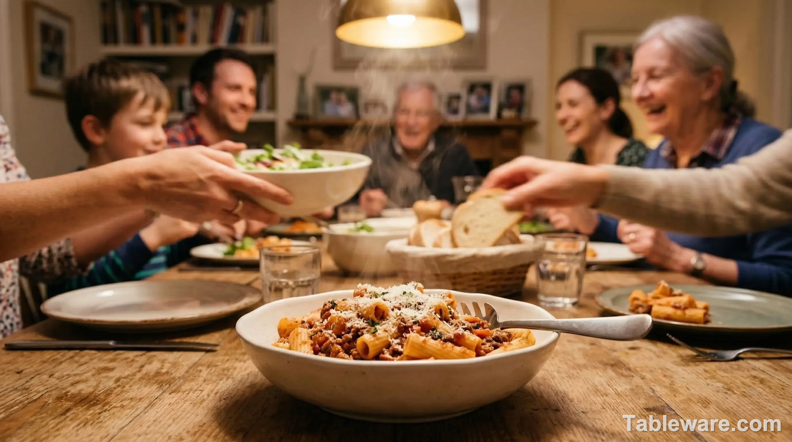 A robust white porcelain bowl filled with pasta on a family dinner table.