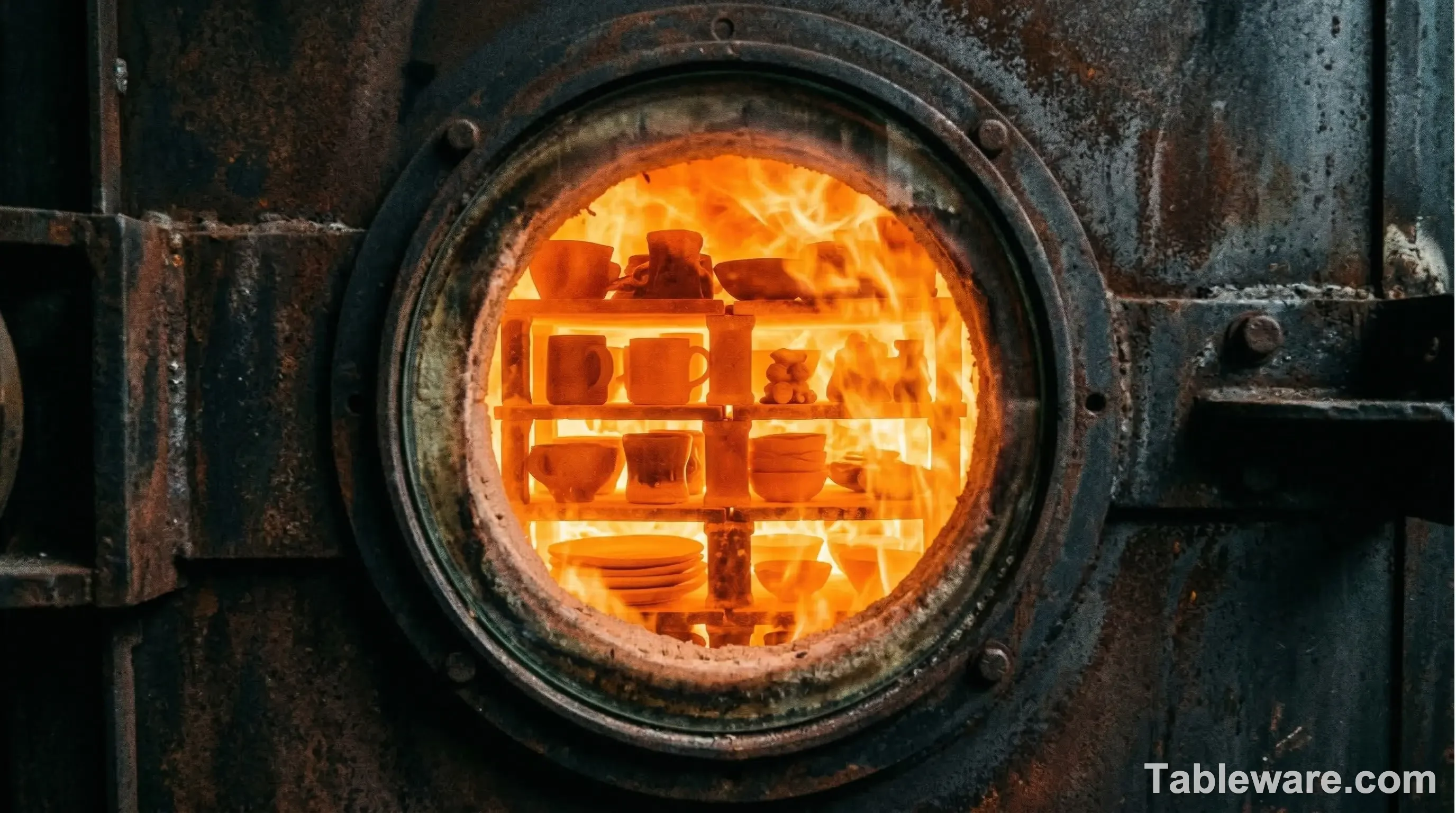 An image looking into a glowing orange-hot gas kiln during a high-temperature firing, showing stoneware pieces maturing in the intense heat.