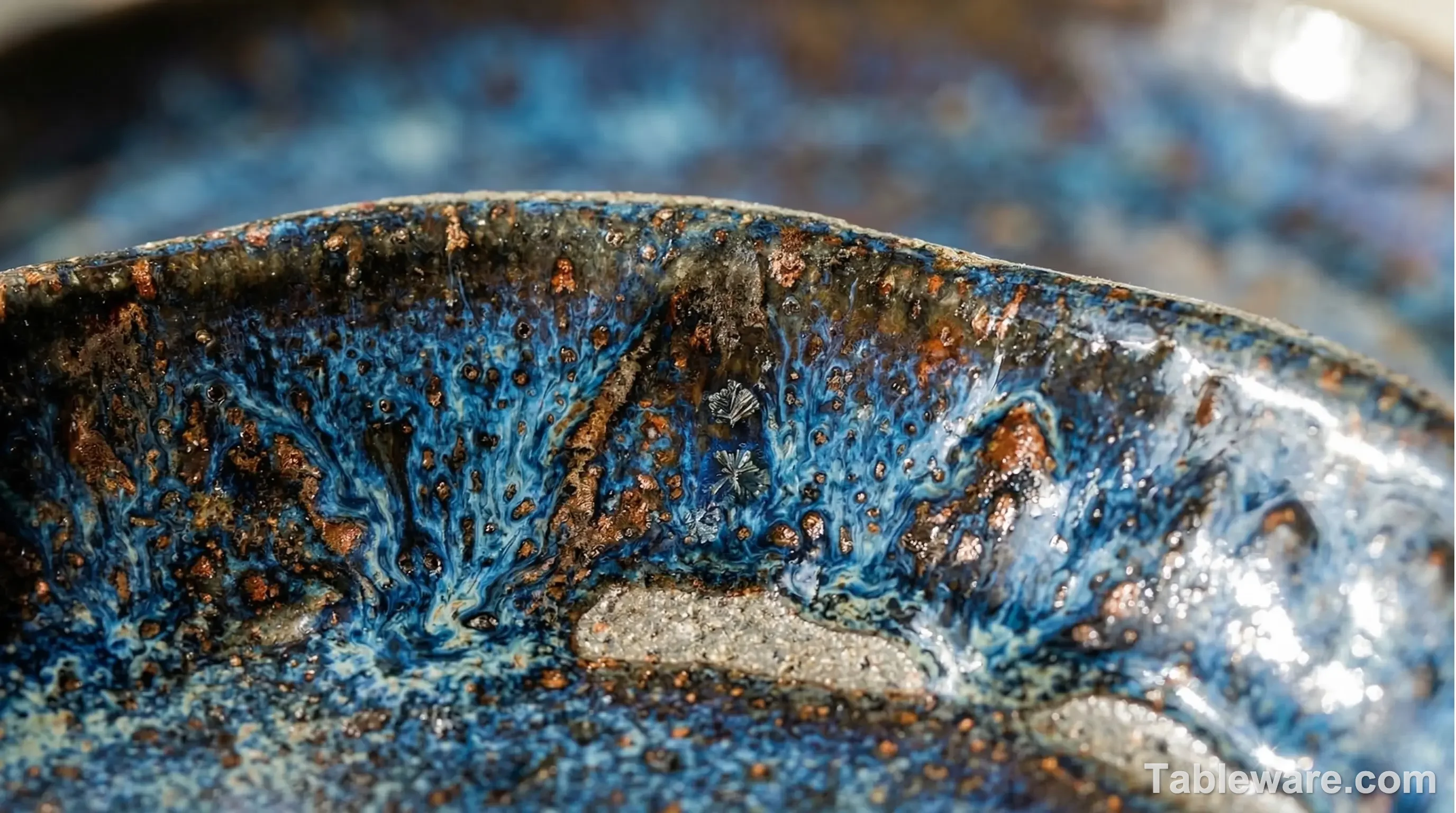 A macro photograph of the surface of a modern stoneware plate, showing a deep, reactive glaze where mottled blues, greens, and iron speckles merge and break over the rim.