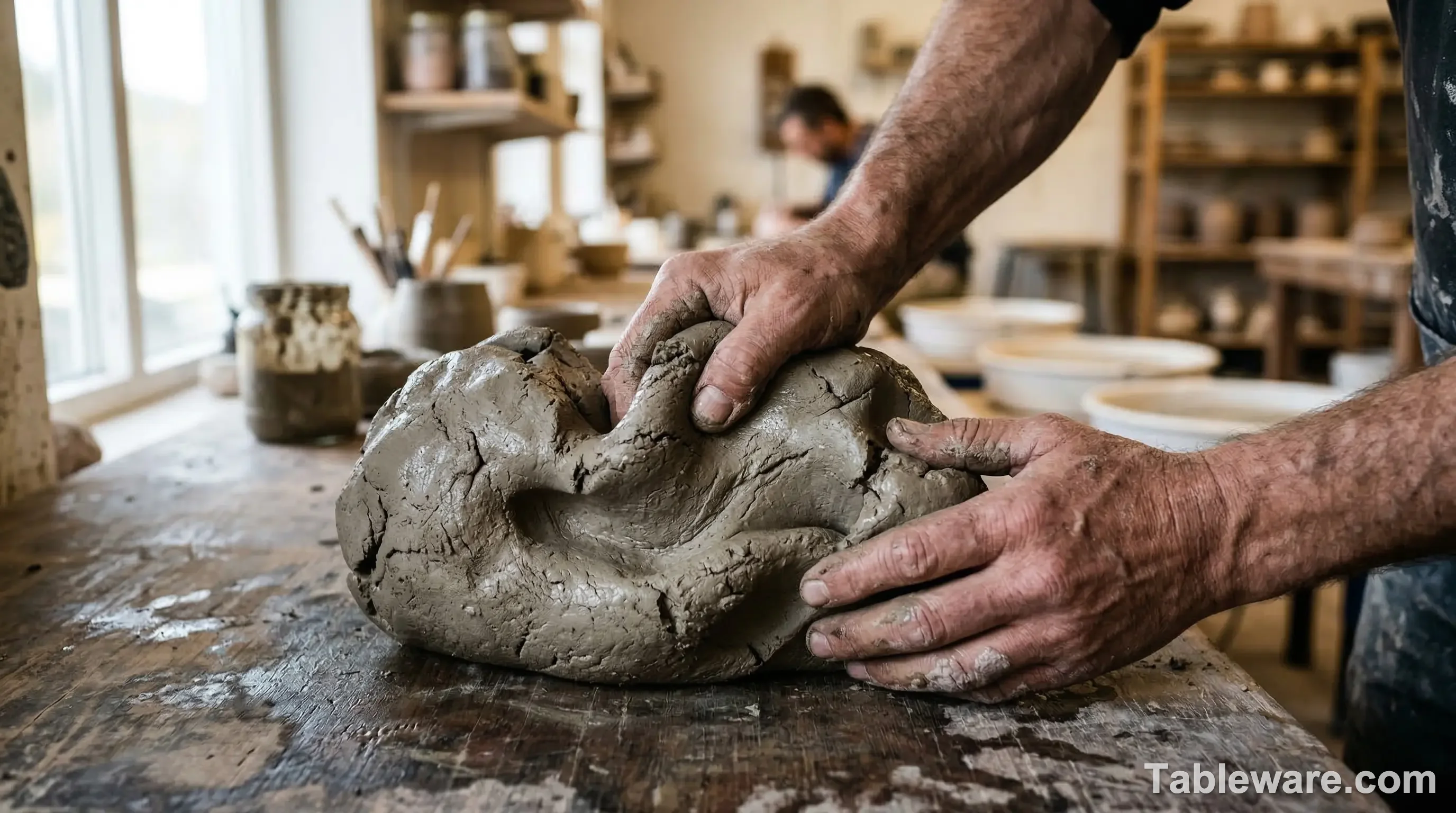 A close-up photograph showing a potter's hands kneading grey, earthy stoneware clay on a wooden bench, highlighting its raw texture.
