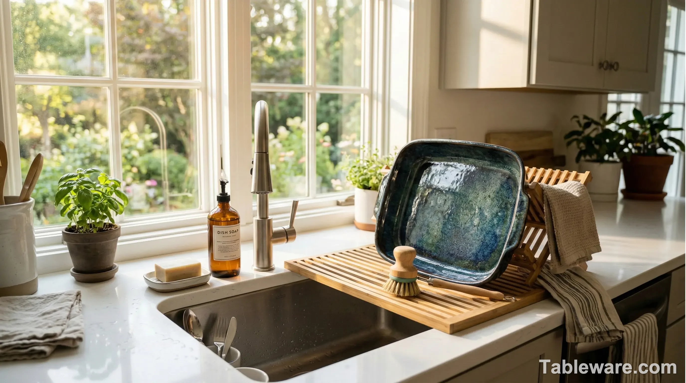 A heavy stoneware baking dish resting on a wooden drying rack next to a sunny kitchen sink.