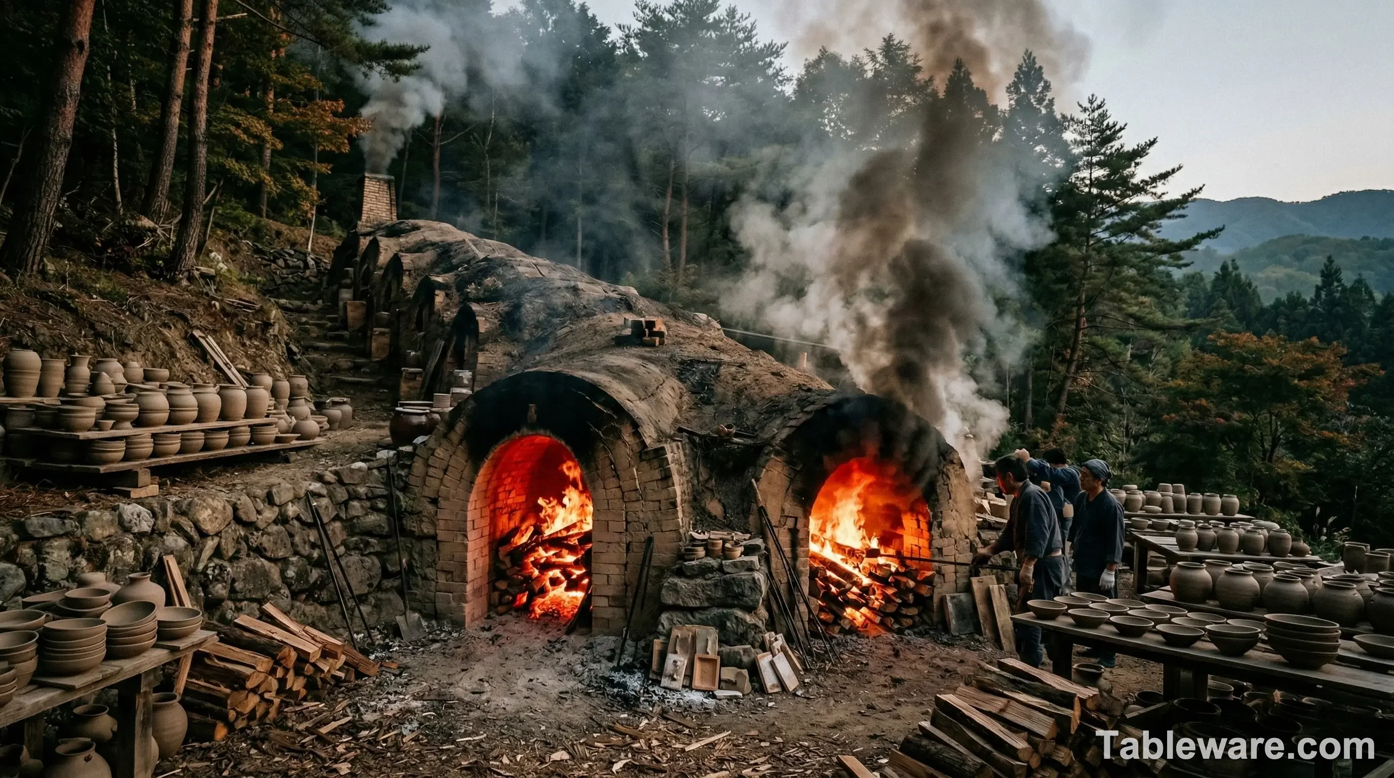 An ancient wood-firing anagama kiln built into a hillside, glowing with intense heat.