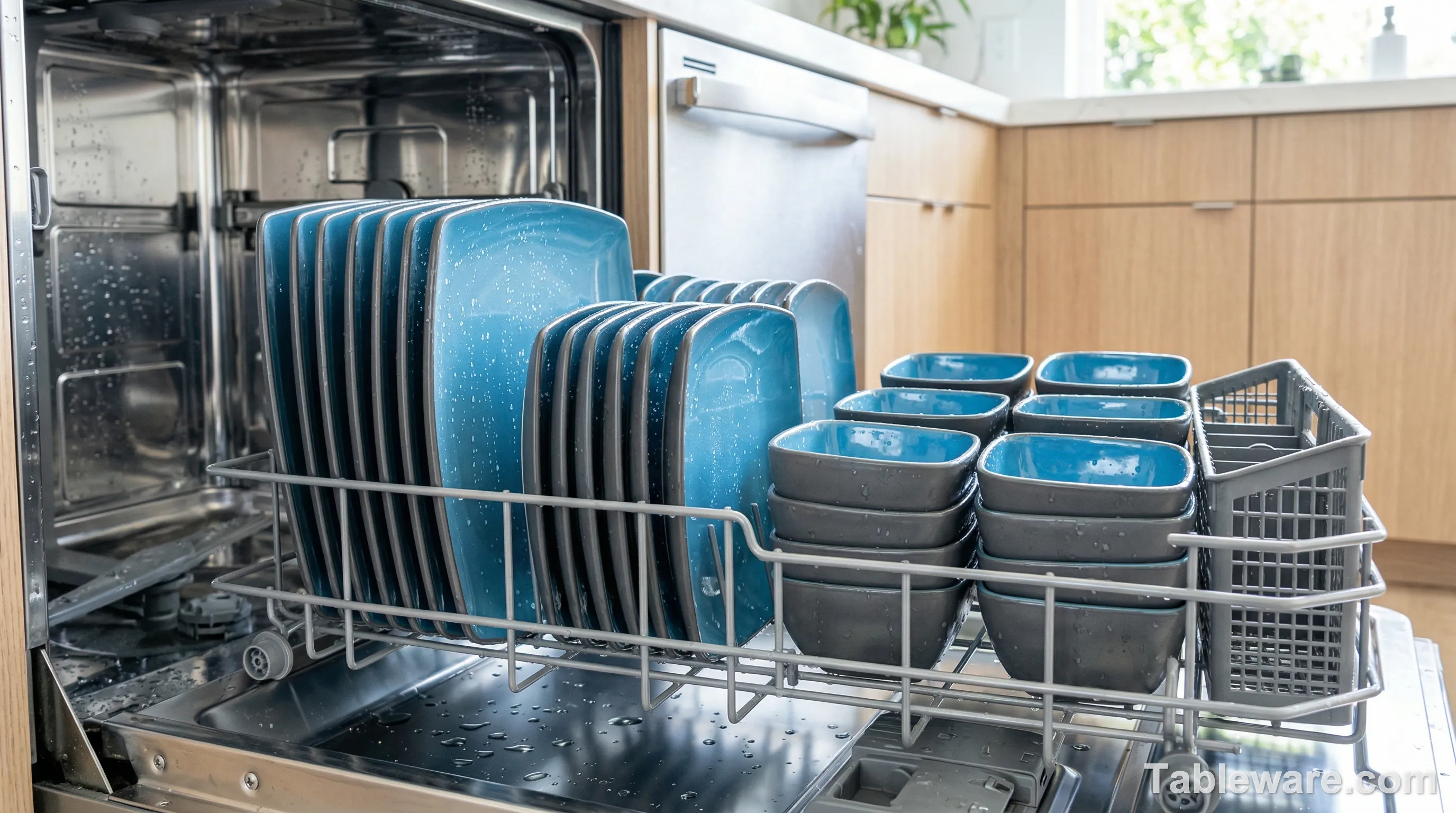 Square stoneware plates neatly arranged inside a modern dishwasher.