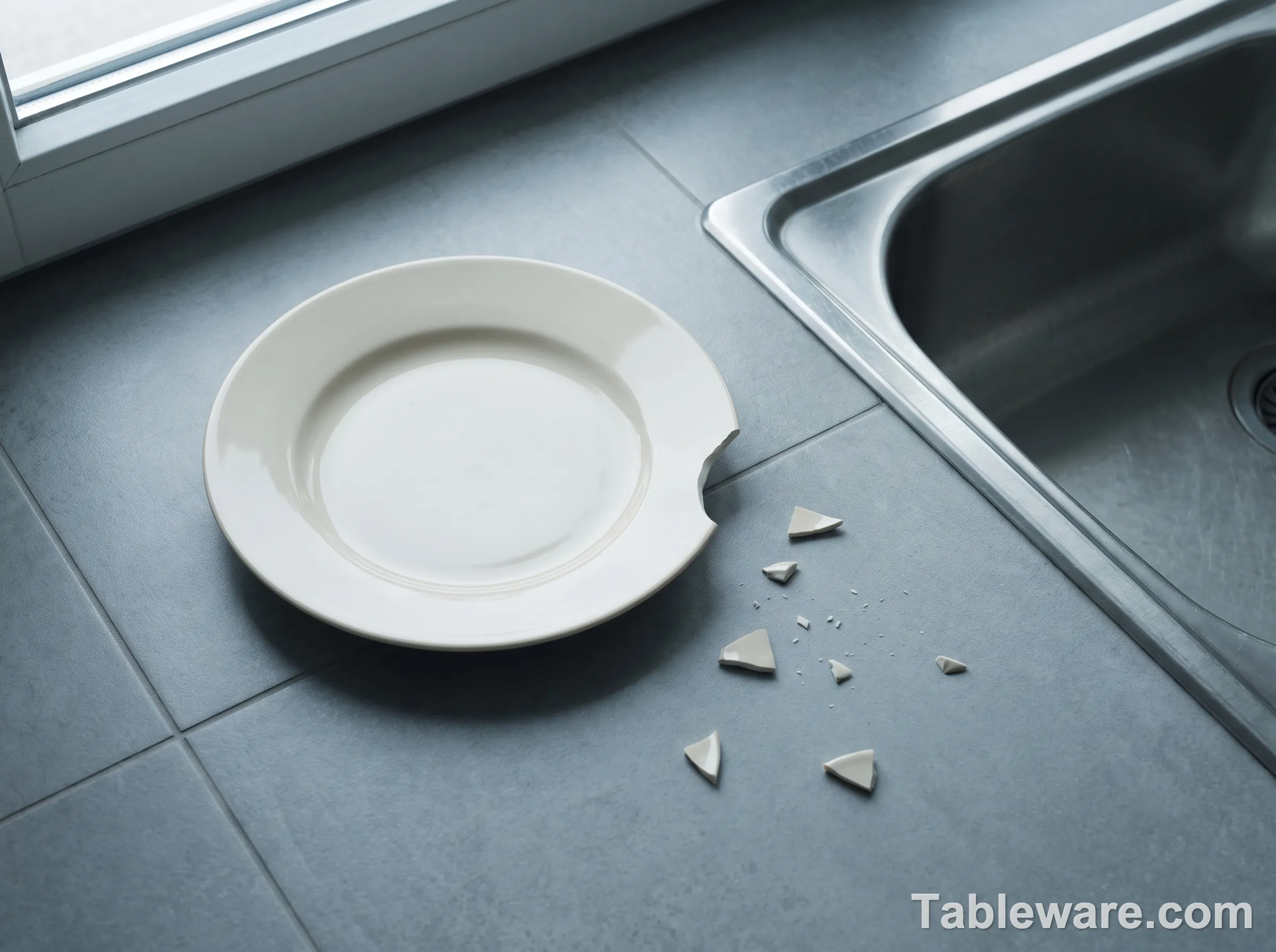 Close-up of a white porcelain dinner plate with a half-moon chip missing from the rim, lying on a gray tile floor next to a stainless steel kitchen sink.