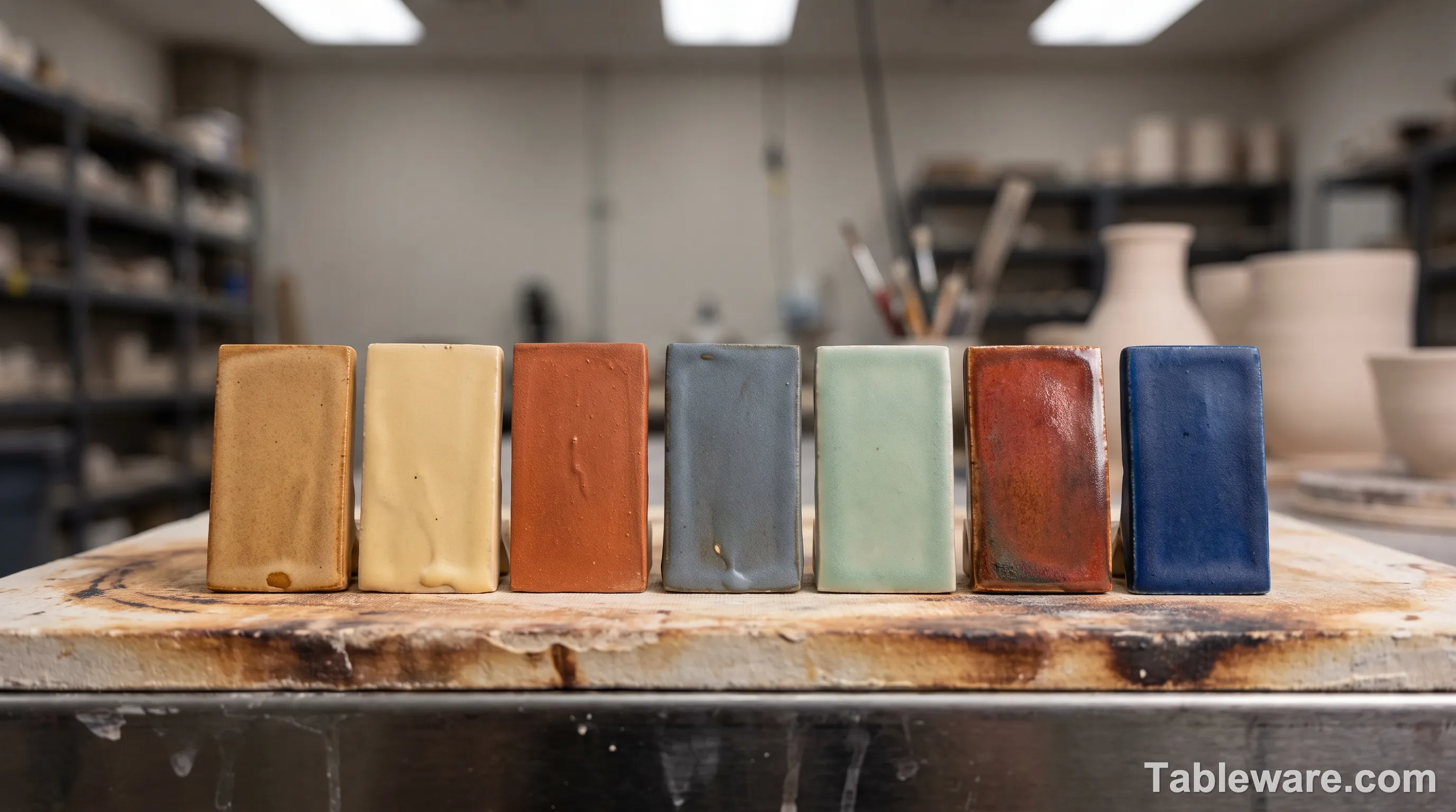 Studio glaze test tiles in a row