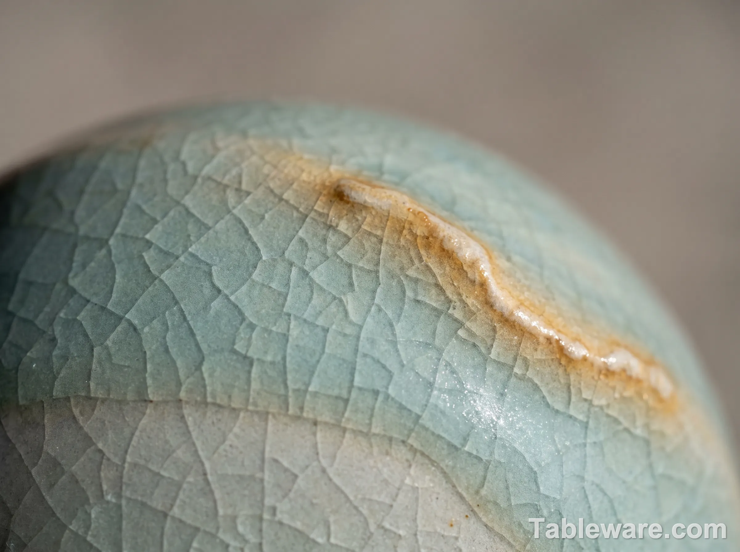 Close-up of celadon glaze showing iron color break, fine crackle pattern, and soft blue-green color shift where glaze pools thicker at a textured ridge
