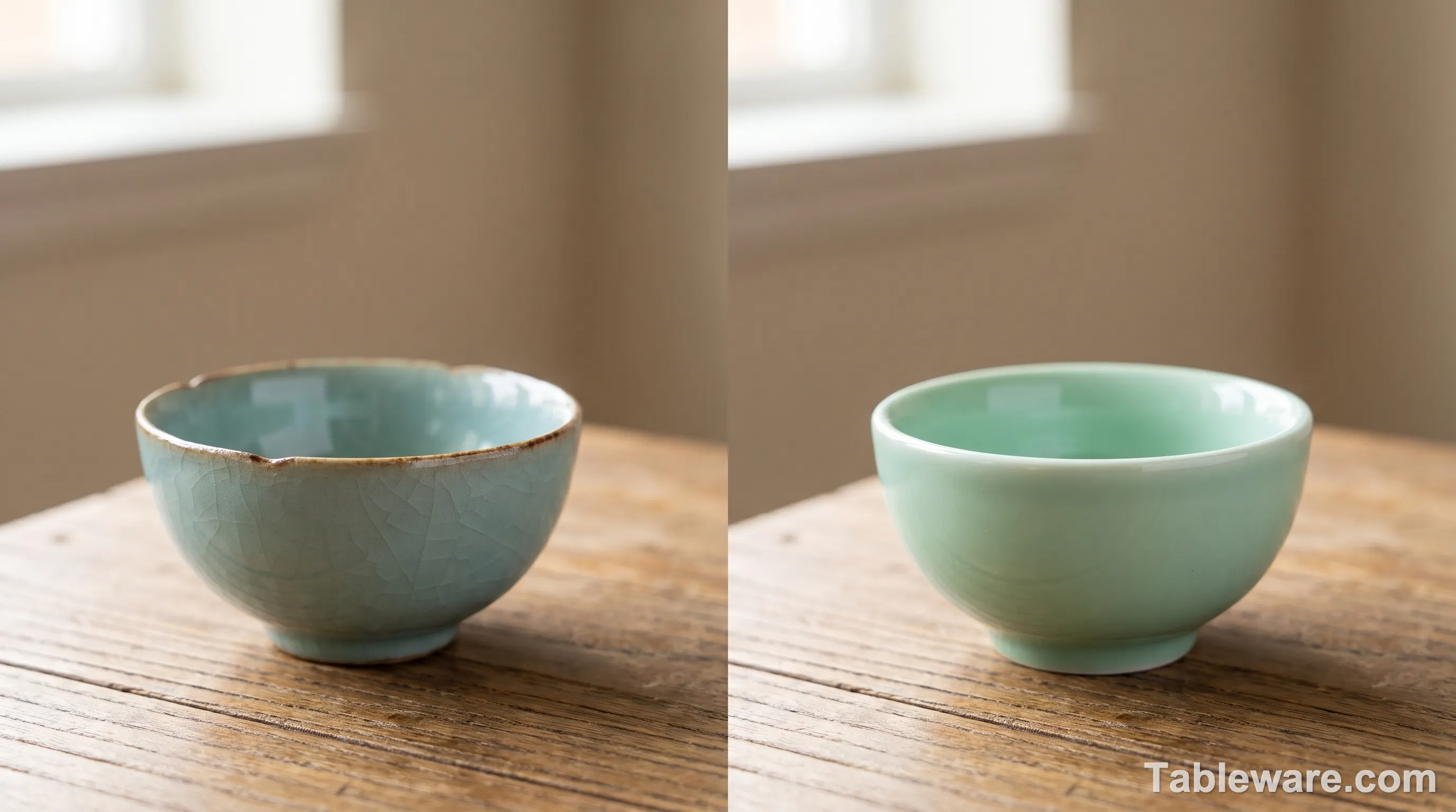 Side by side comparison of real Longquan celadon tea bowl (left, showing soft color shift and fine crackle) versus cheap green-painted ceramic (right, showing uniform color and no crackle)