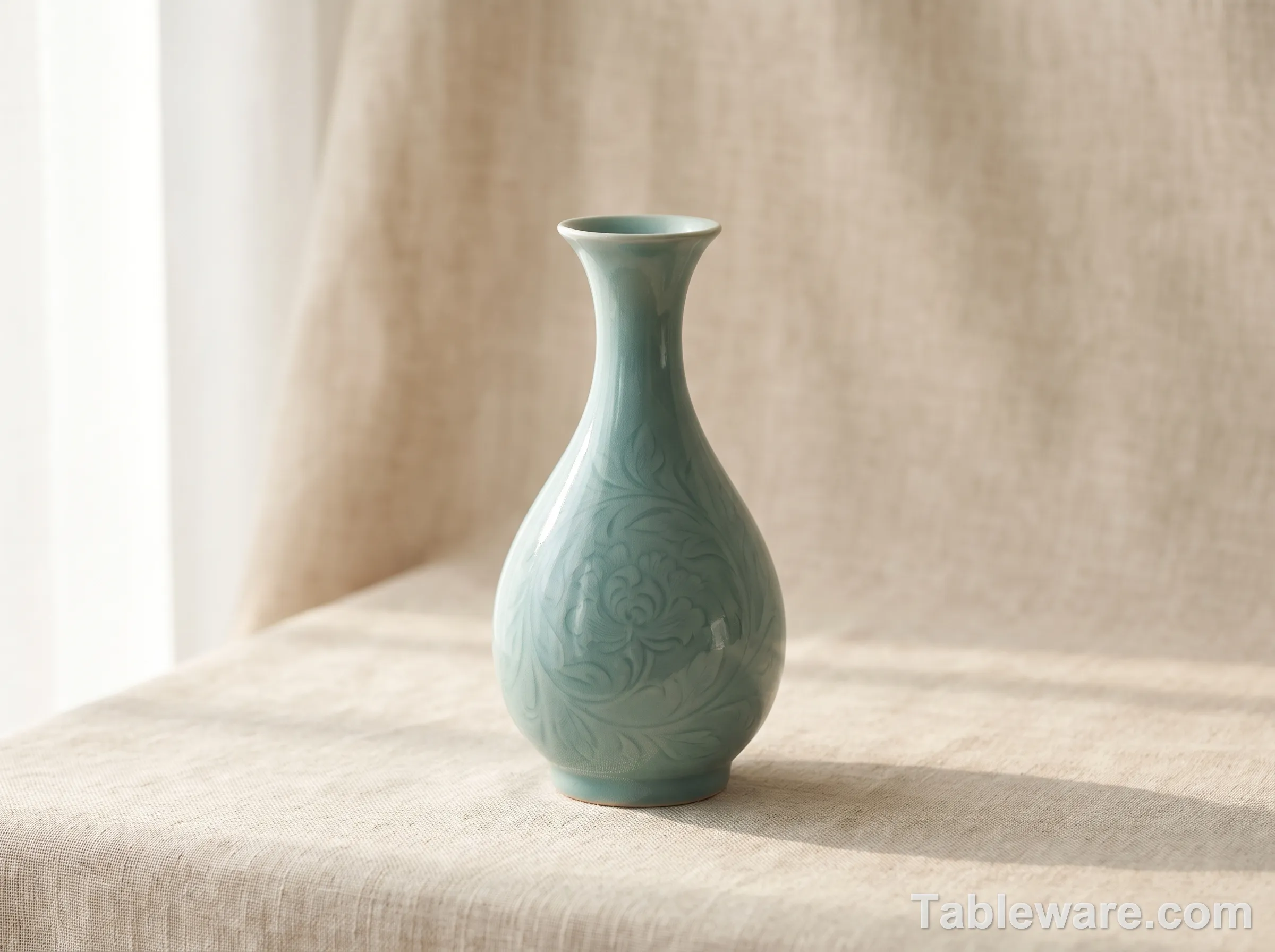 Korean Goryeo-style celadon vase with soft blue-green glaze, characteristic crackle, and carved peony motif under the glaze