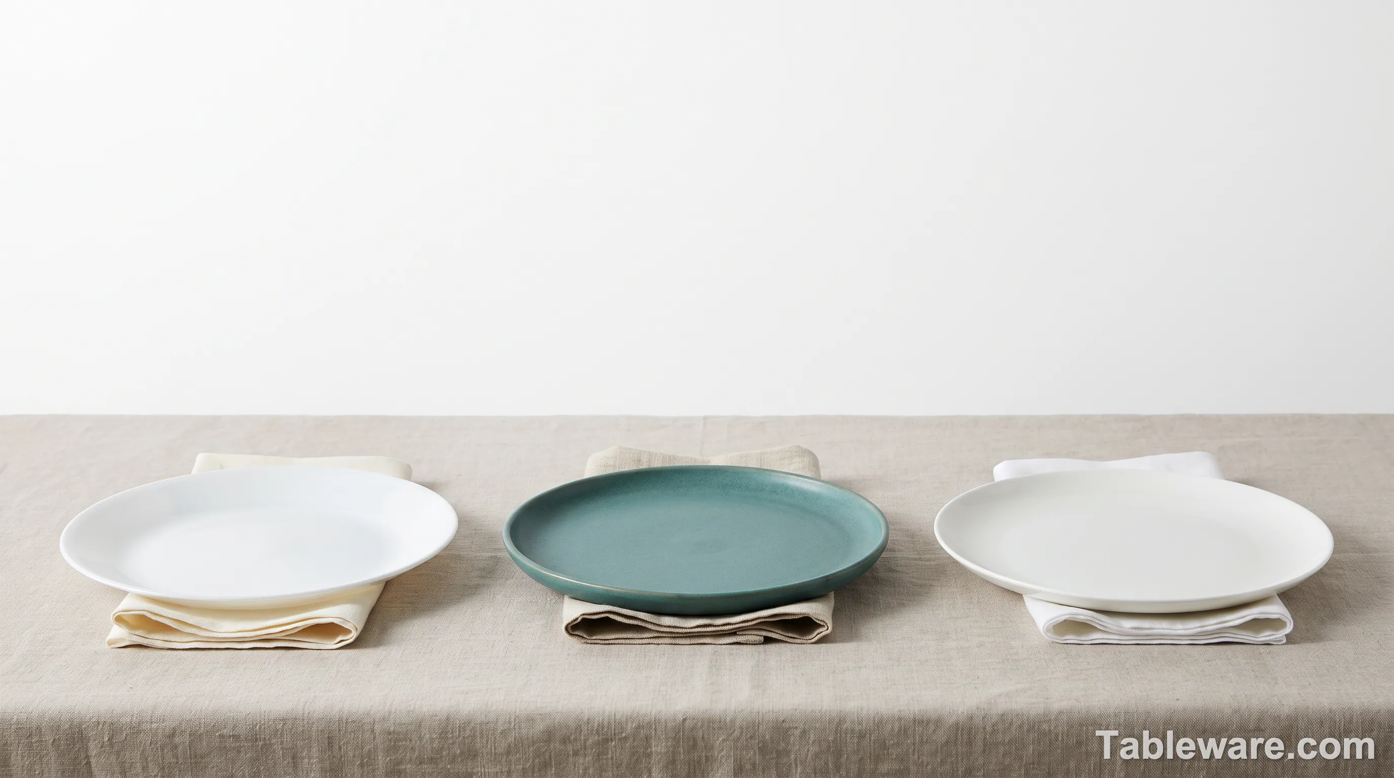 Three dinnerware materials shown side by side on neutral linen: a translucent Corelle Vitrelle glass plate, a matte teal stoneware plate, and a clean white porcelain plate. Each plate shown with a folded linen napkin. Soft studio lighting.