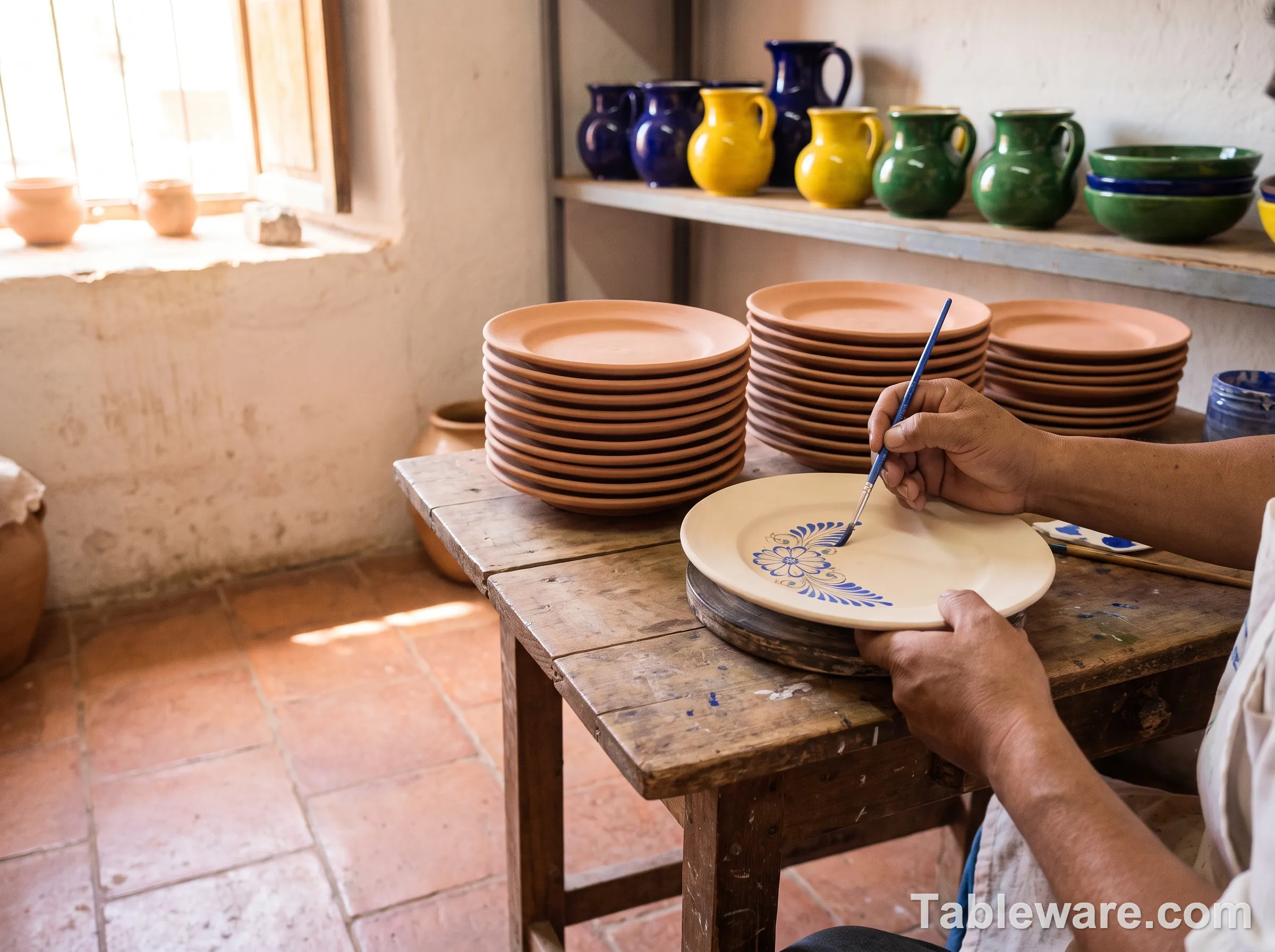 A Mexican Talavera workshop interior in Puebla showing a craftsman hand-painting a plate with cobalt blue, stacks of bisque-fired plates nearby, finished pieces on a back shelf, terracotta floor and whitewashed walls