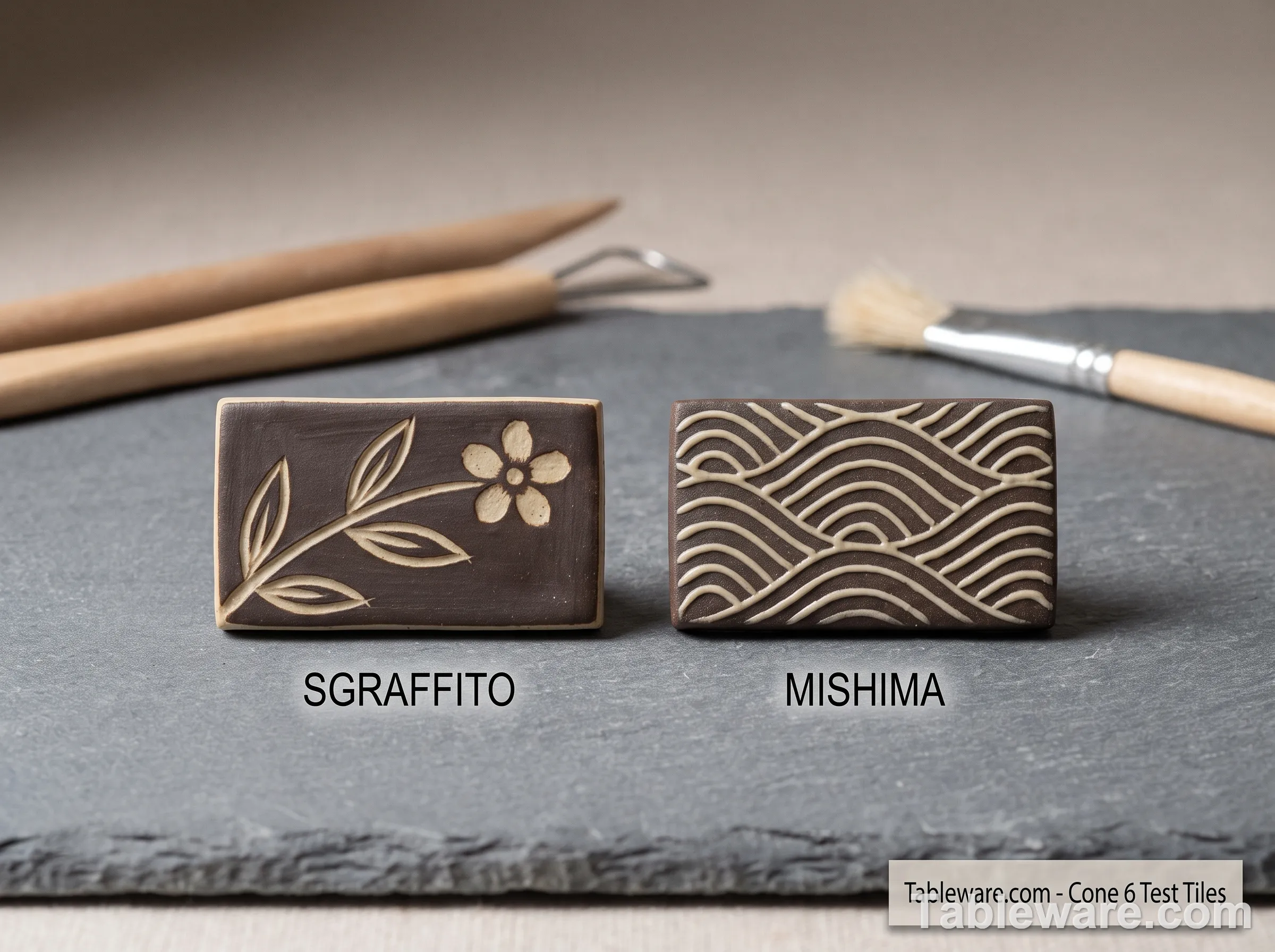 Two test tiles side by side: left is sgraffito with dark slip carved away to reveal light stoneware, right is mishima with light slip inlaid into incised lines on a dark stoneware body