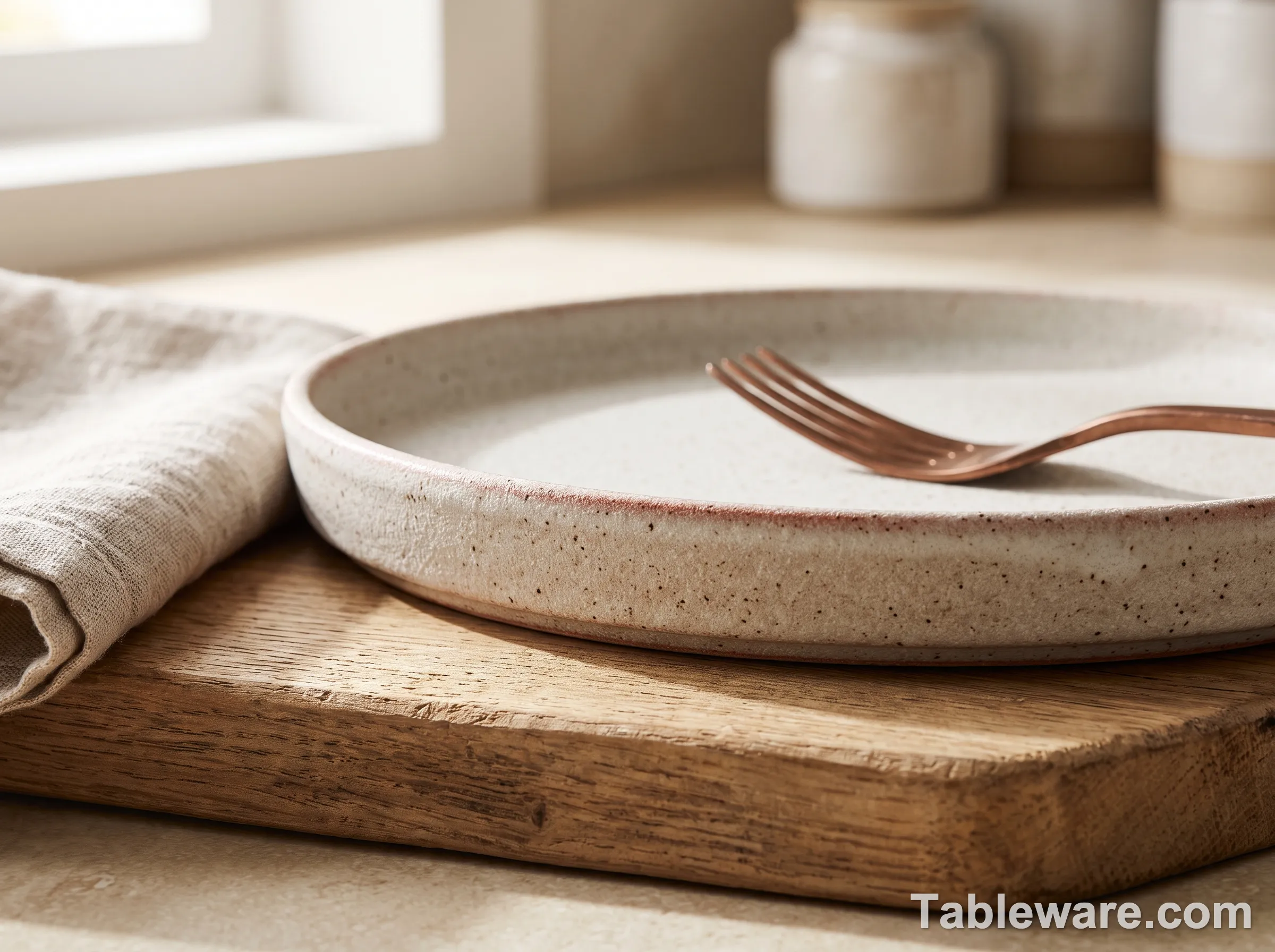 Close-up of a Stone Lain matte speckled dinner plate rim, showing the slightly sandy stoneware surface texture.
