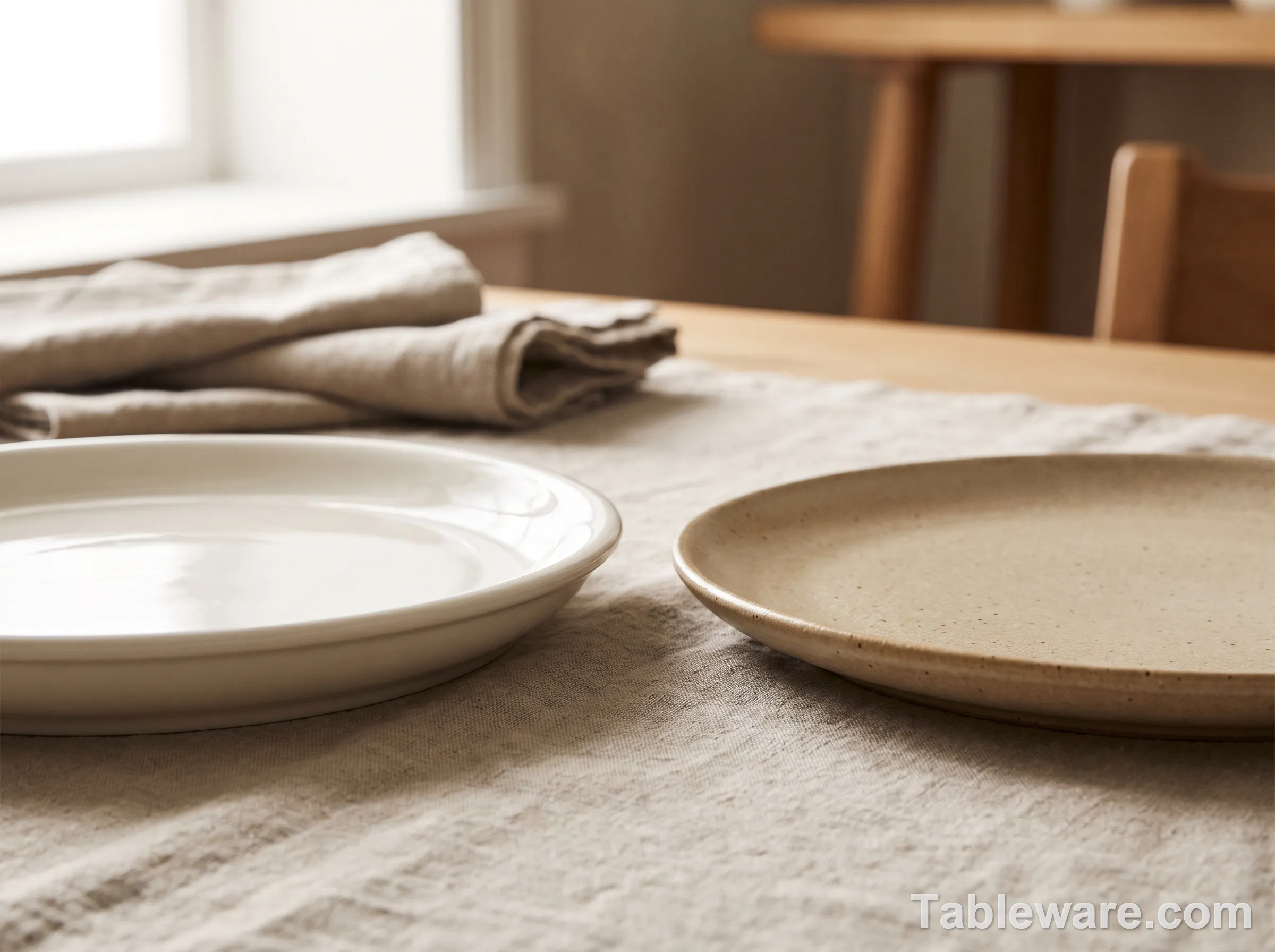 Two ceramic plates side by side: heavy commercial vitrified porcelain plate vs lightweight consumer stoneware plate, showing thickness difference