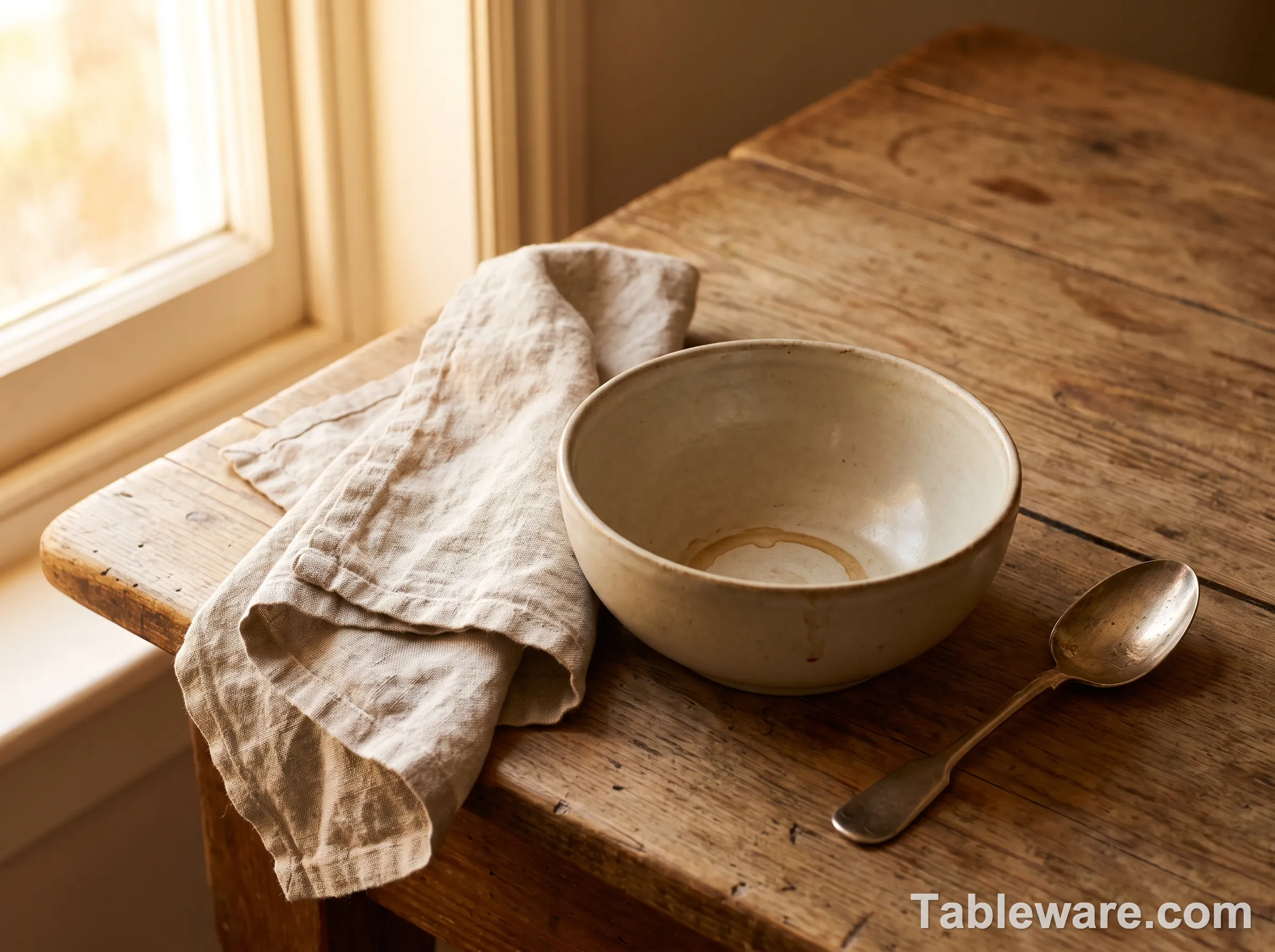 A Denby Natural Canvas stoneware bowl on a wooden table, 15 years old