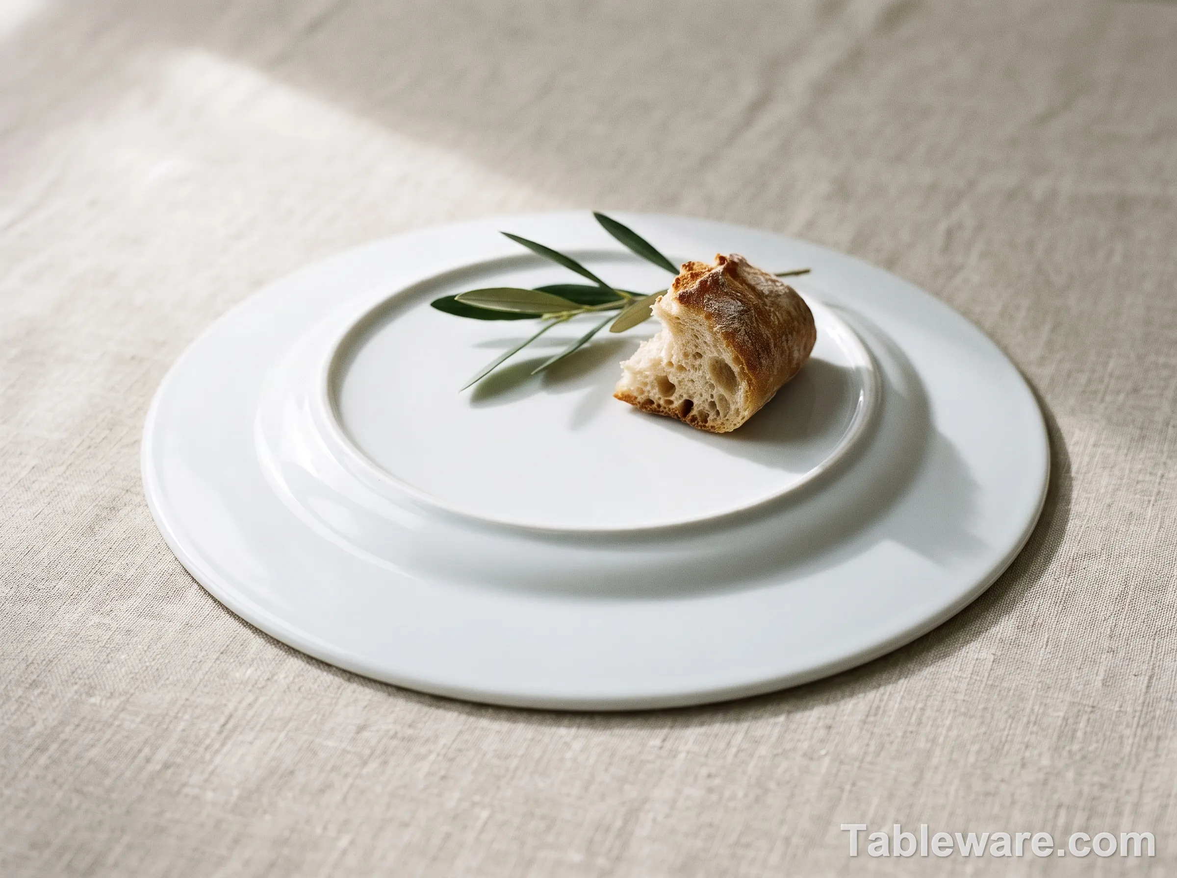 Close-up of an IKEA 365+ white dinner plate, showing the thin profile and slightly recessed base ring.