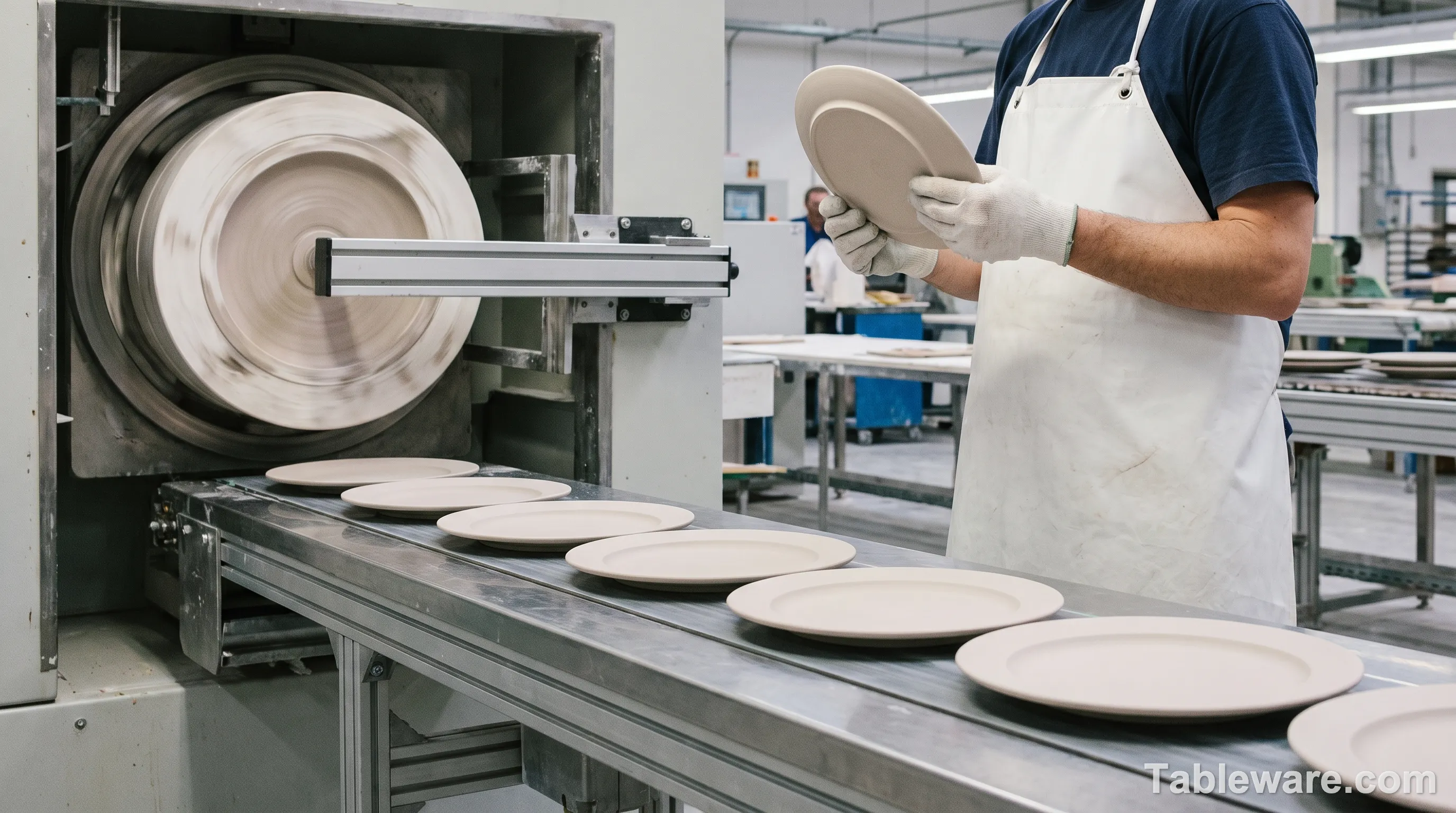 Industrial jiggering line producing a row of identical plates