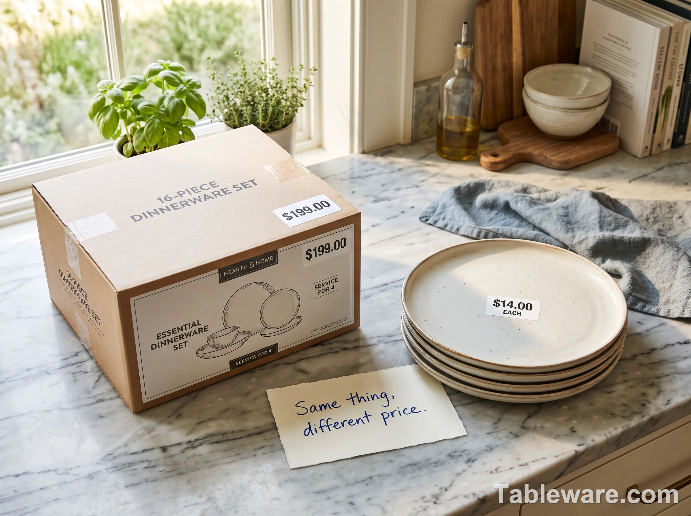 Top-down photograph of a sealed 16-piece dinnerware set box on the left priced at $199 next to four individually-priced stoneware plates on the right at $14 each