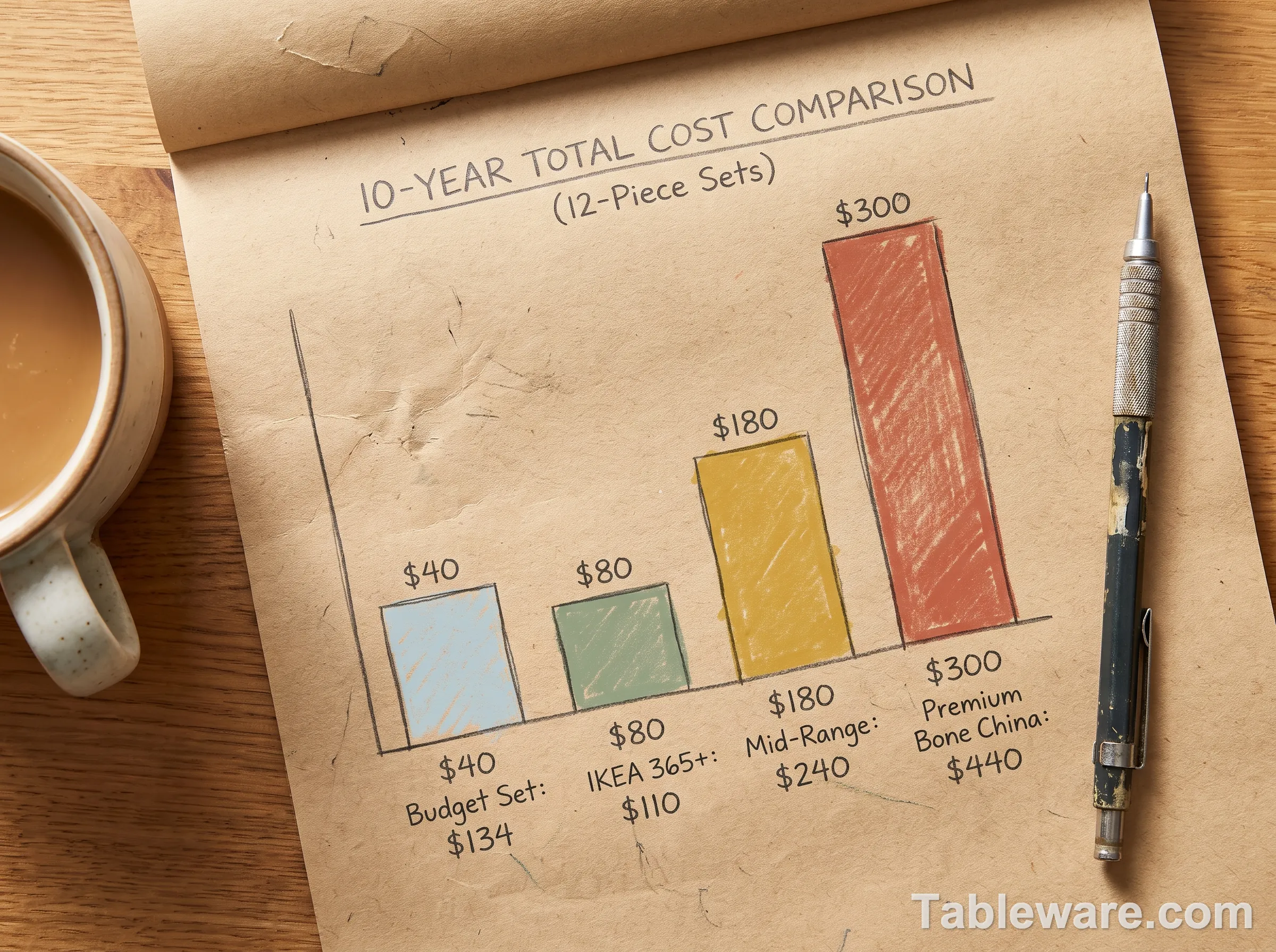 A simple bar chart on a notebook page showing the 10-year total cost for four different 12-piece dinnerware sets: $134 for the $40 set, $110 for the $80 IKEA 365+ set, $240 for the $180 mid-range set, and $440 for the $300 Wedgwood set.