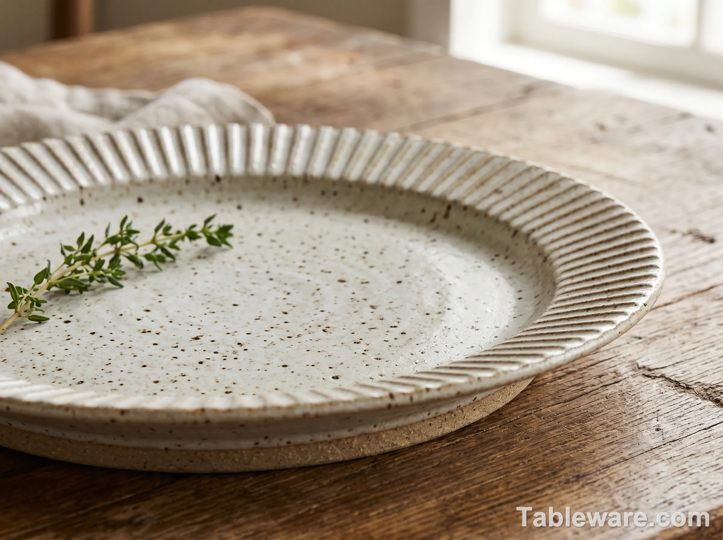 Close-up of a Target Threshold Ridged Stoneware dinner plate, showing the ribbed rim texture and reactive speckled glaze.