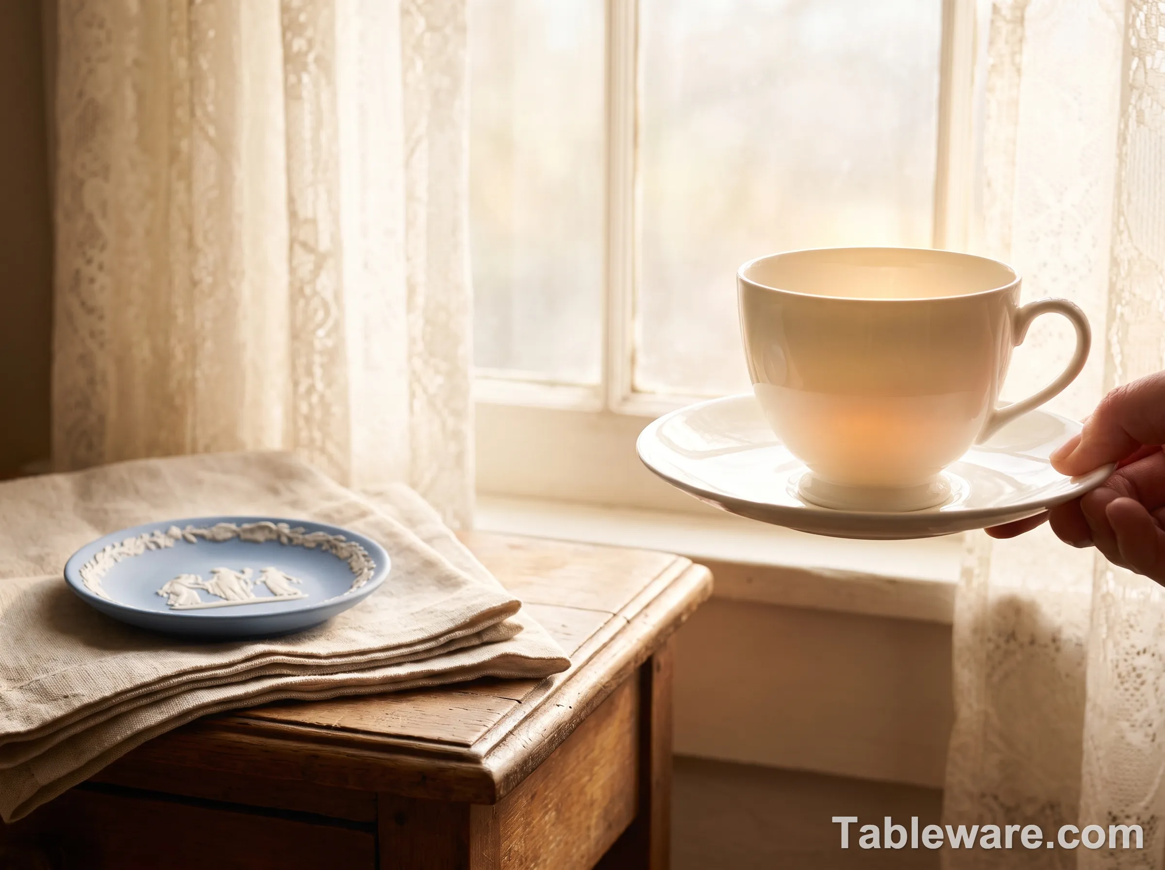 A Wedgwood bone china tea cup showing translucency against window light