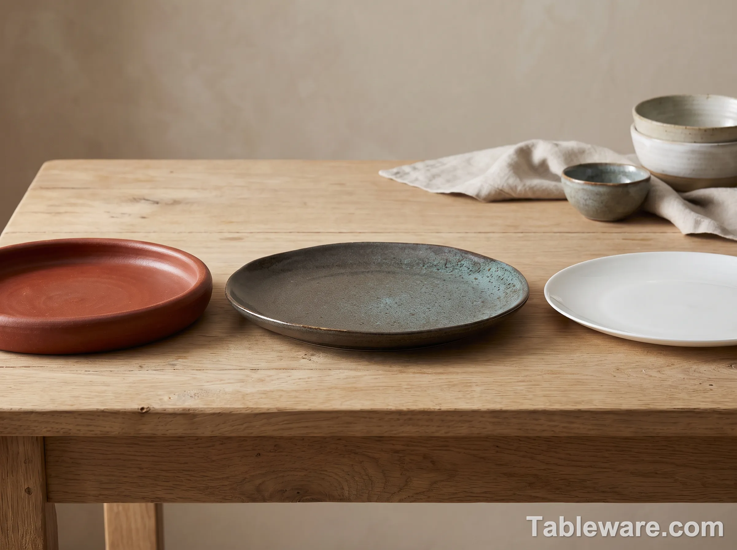 Three dinner plates side by side on a wooden table: a red terracotta earthenware plate on the left, a dark stoneware plate in the middle, and a white thin porcelain plate on the right