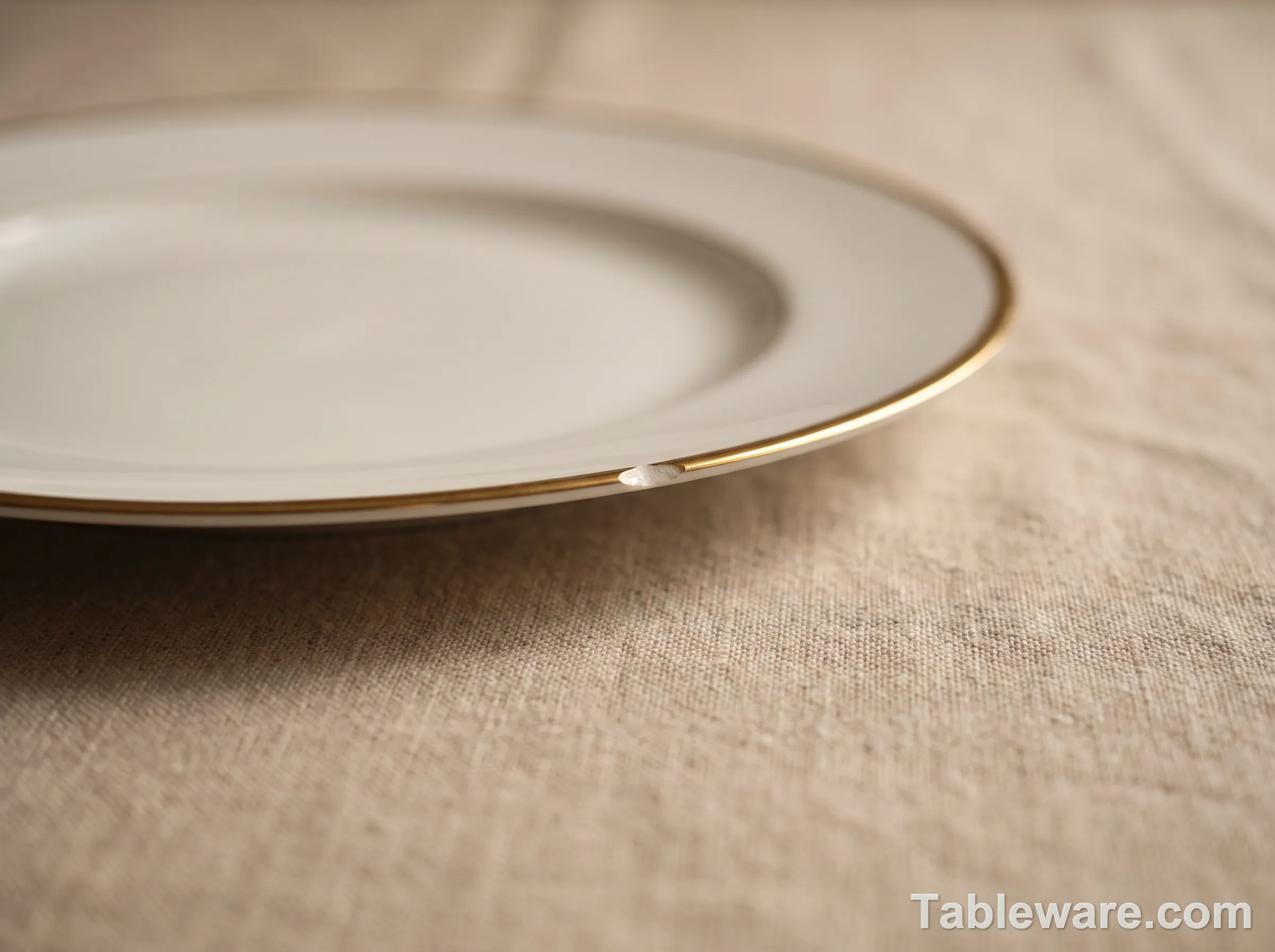 A bone china dinner plate with a small chip on the rim, photographed in soft natural light