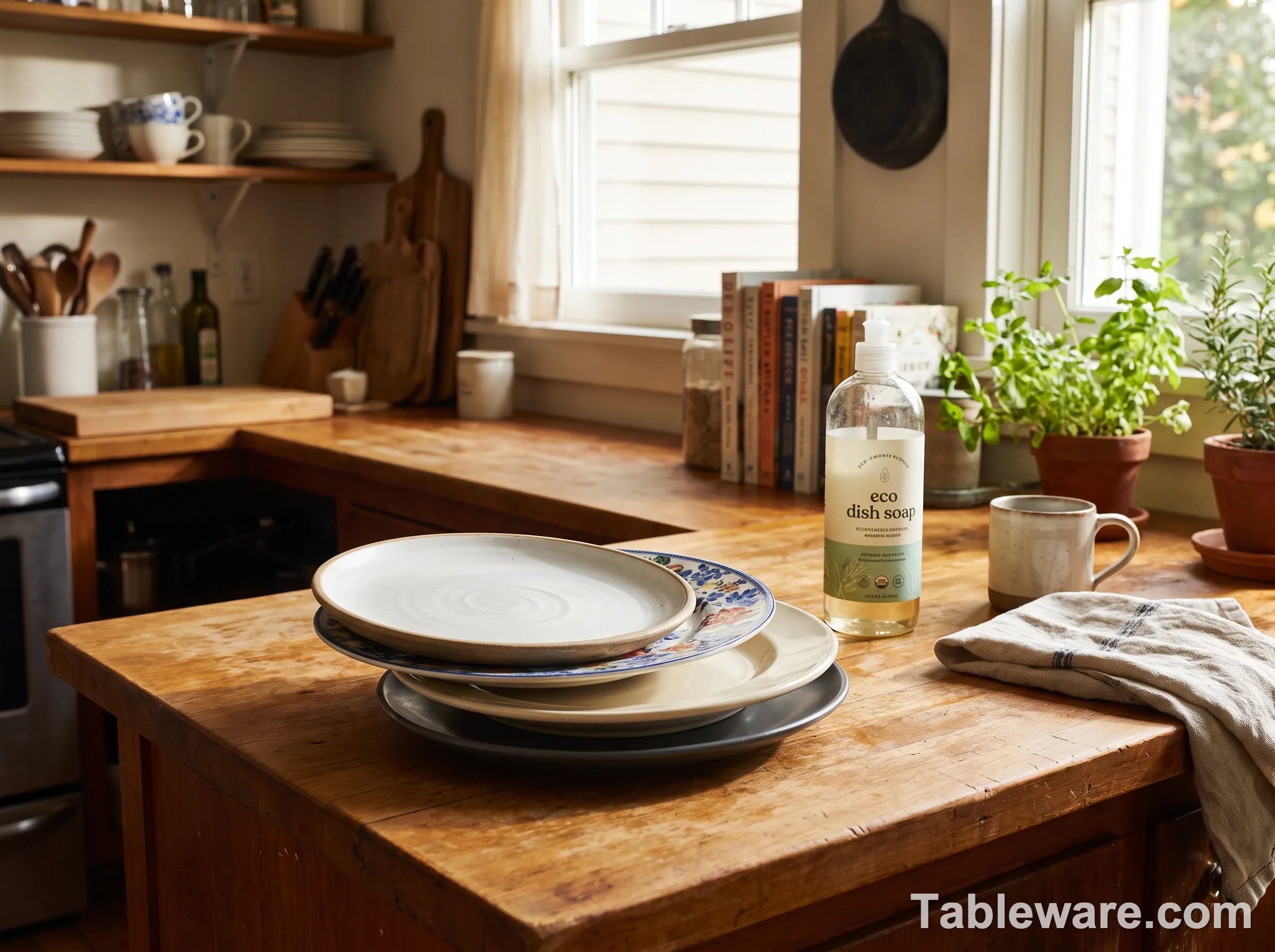 A stack of mismatched dinner plates in a real home kitchen, mixing white stoneware with patterned plates