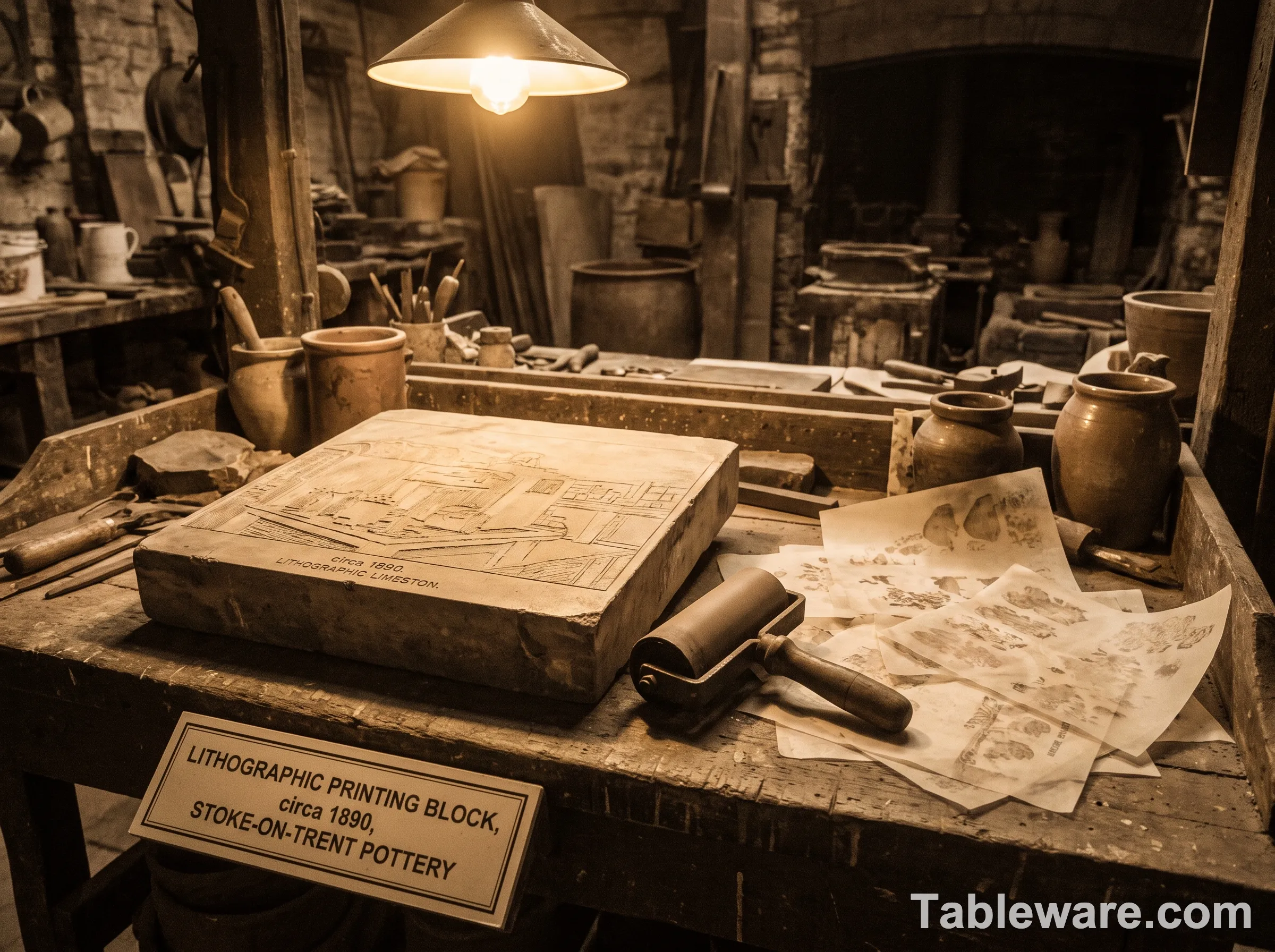 An 1890s lithographic stone being prepared for ceramic decal printing
