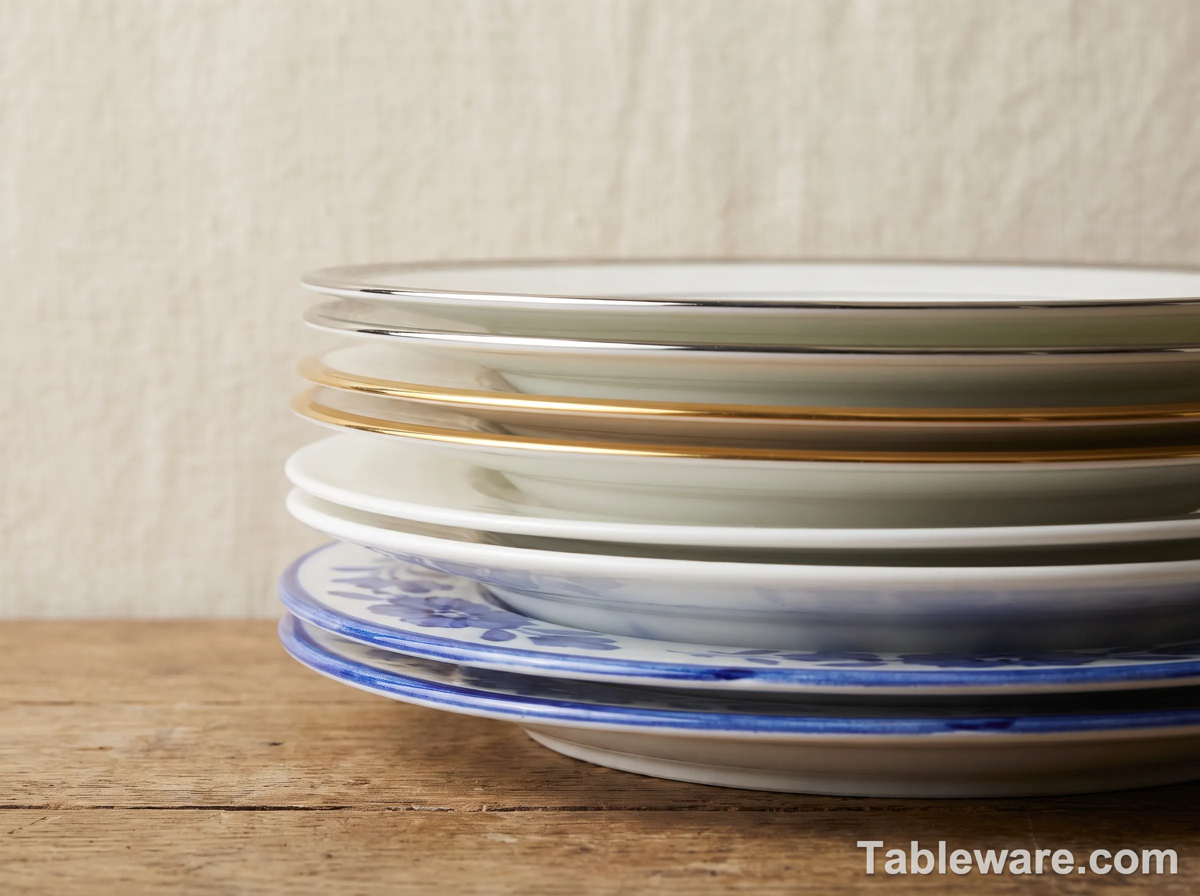Side profile of four china plates stacked, showing edge thickness and band detail