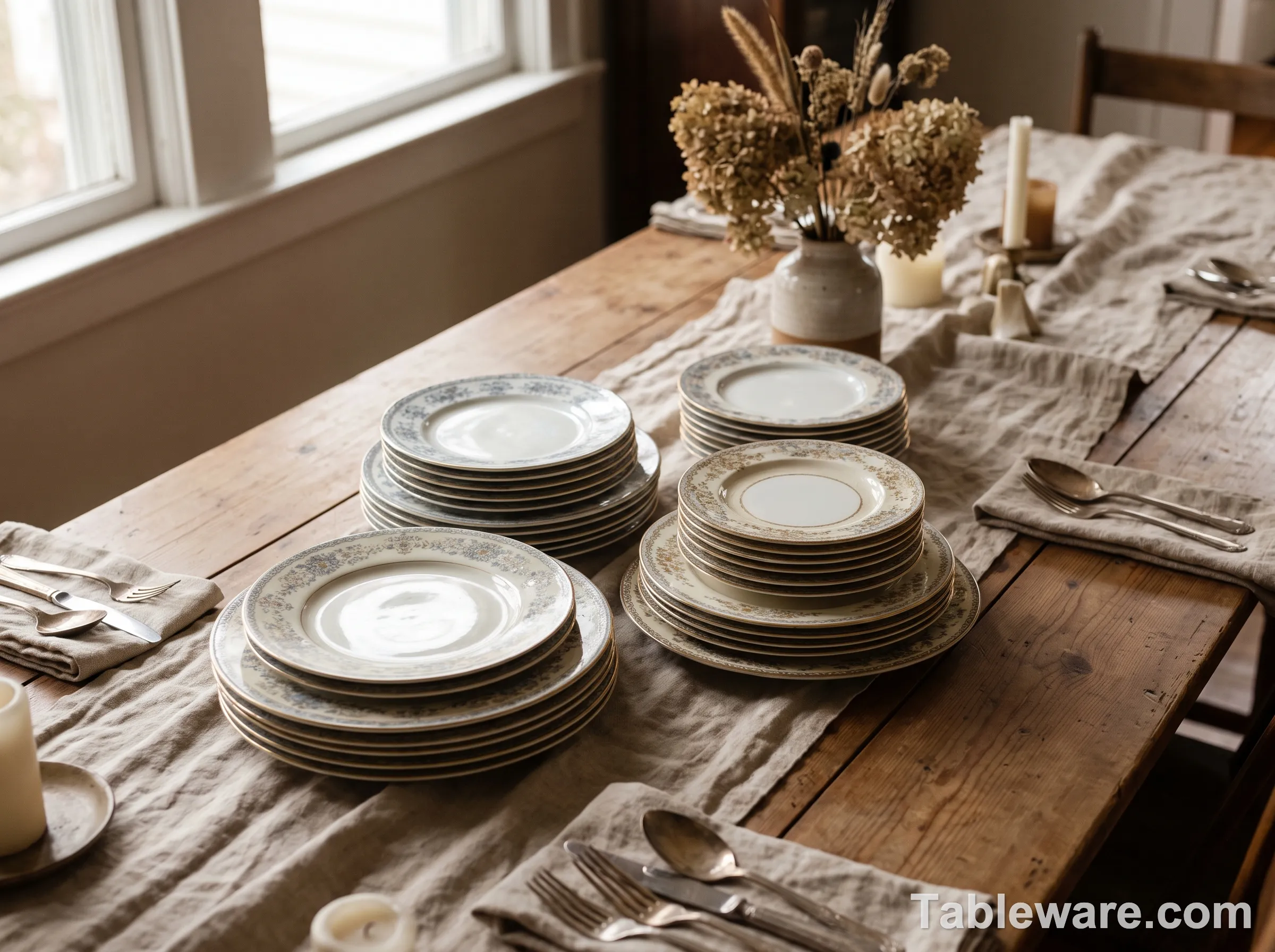 Four china plate stacks as a dinner table centerpiece