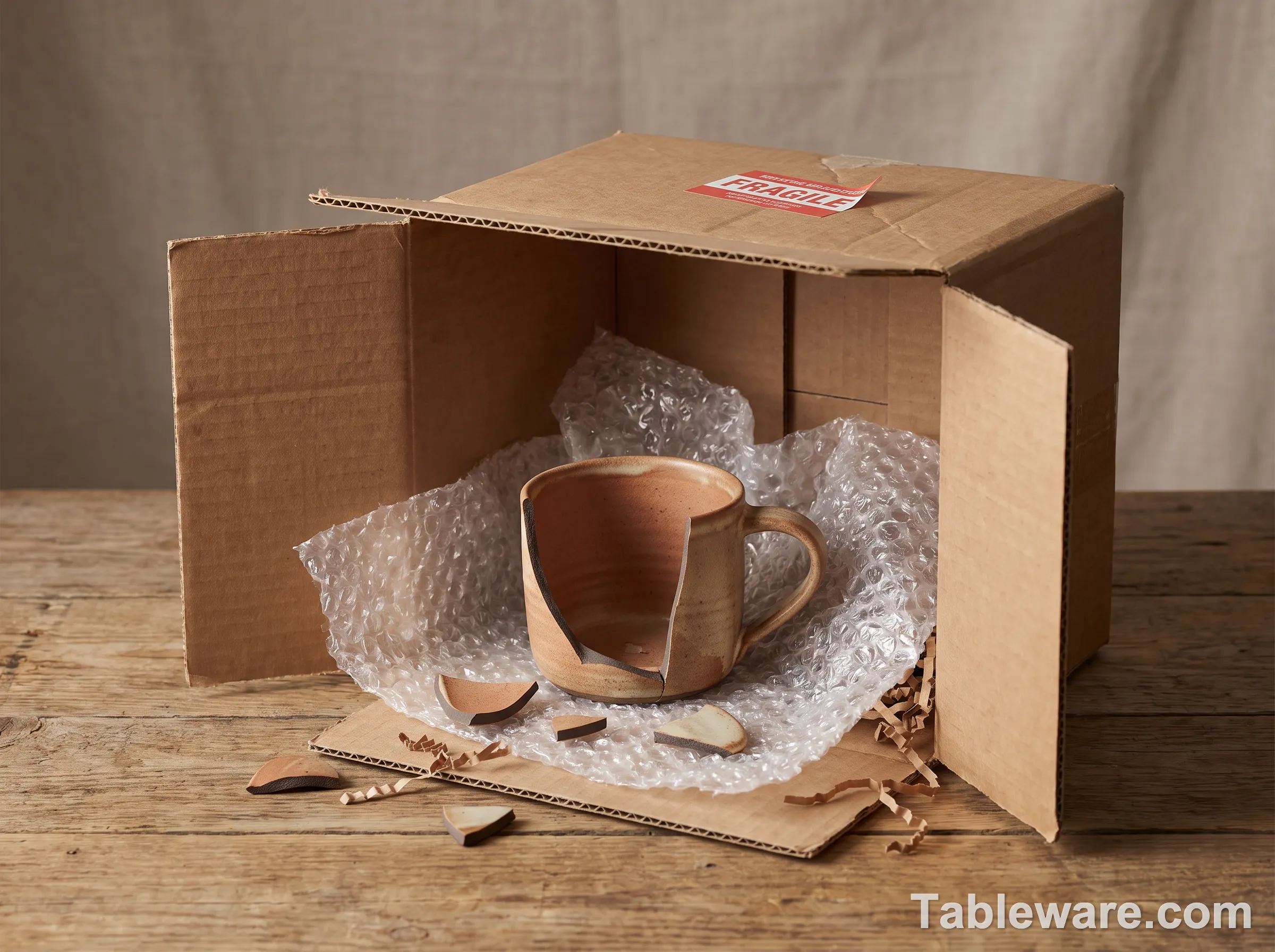 A broken ceramic mug in a poorly packed shipping box