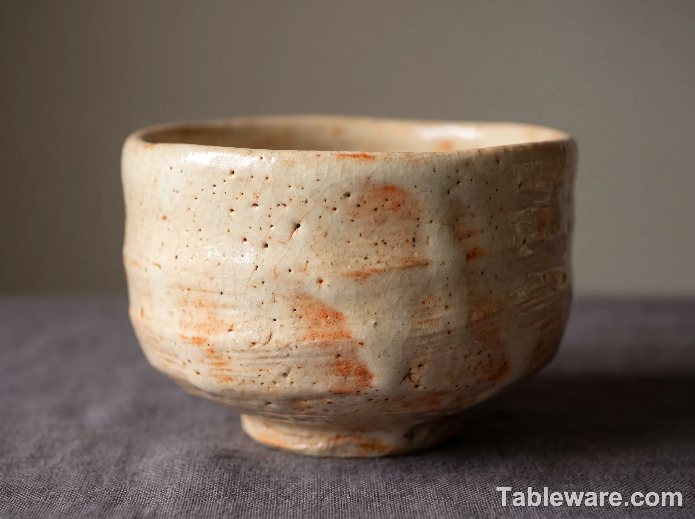 Close-up of a Shino ware bowl with thick off-white glaze