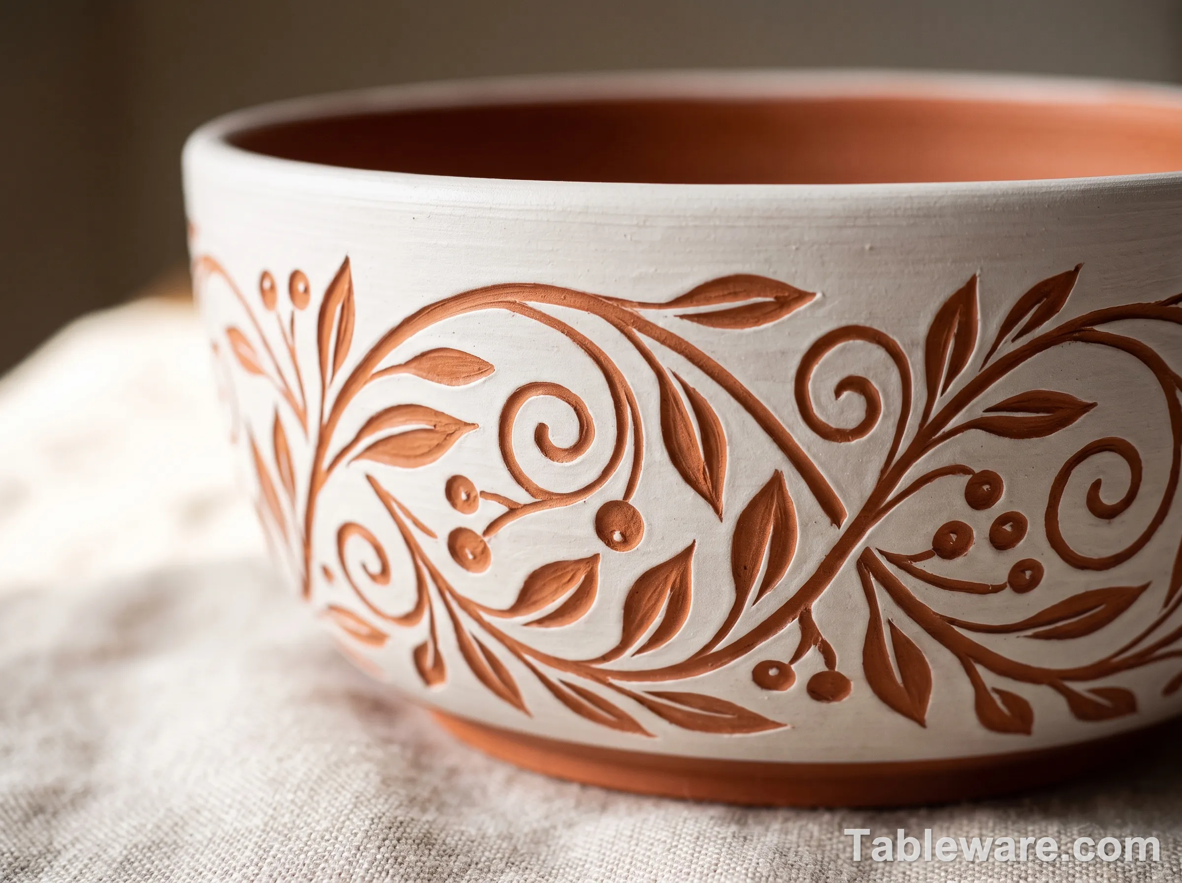 Close-up of a ceramic bowl with a sgraffito botanical pattern: a white slip carved through to reveal a warm terra-cotta red body underneath