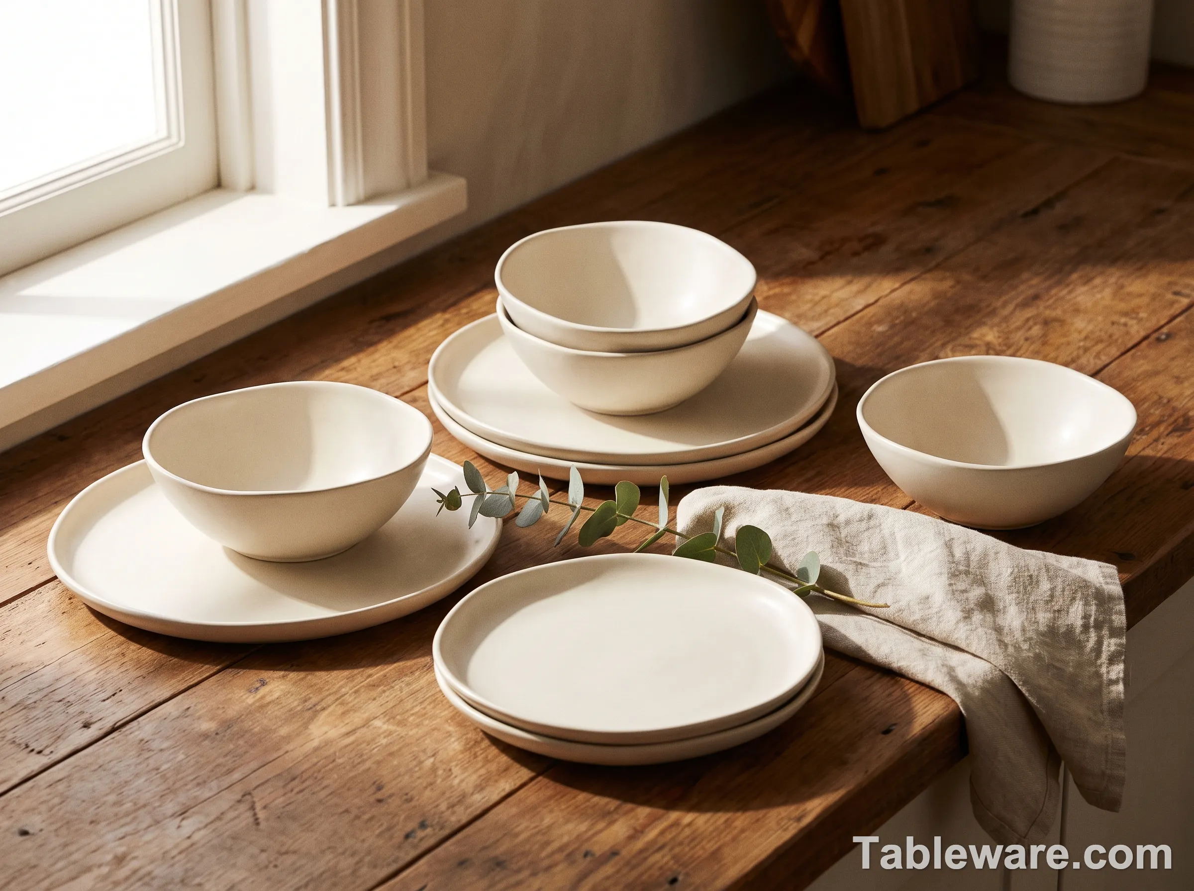 An 8-piece stoneware starter set in matte cream, four dinner plates and four matching bowls arranged on a wooden countertop with a small eucalyptus sprig