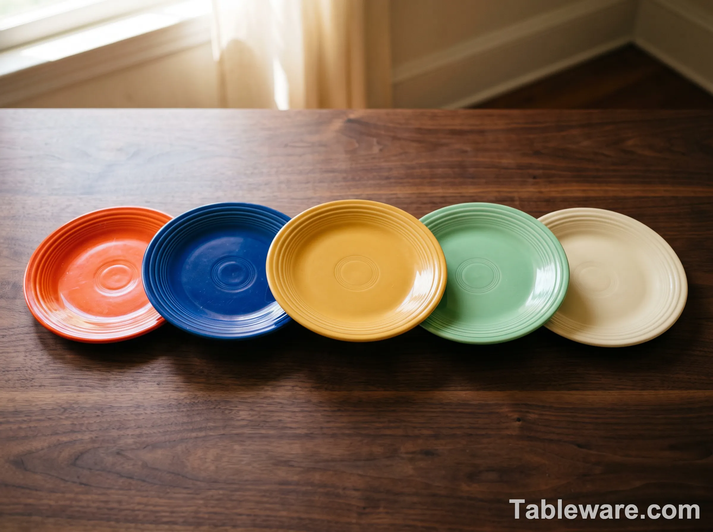 Side by side lineup of the original 1936 Fiestaware five colors red cobalt blue yellow green ivory