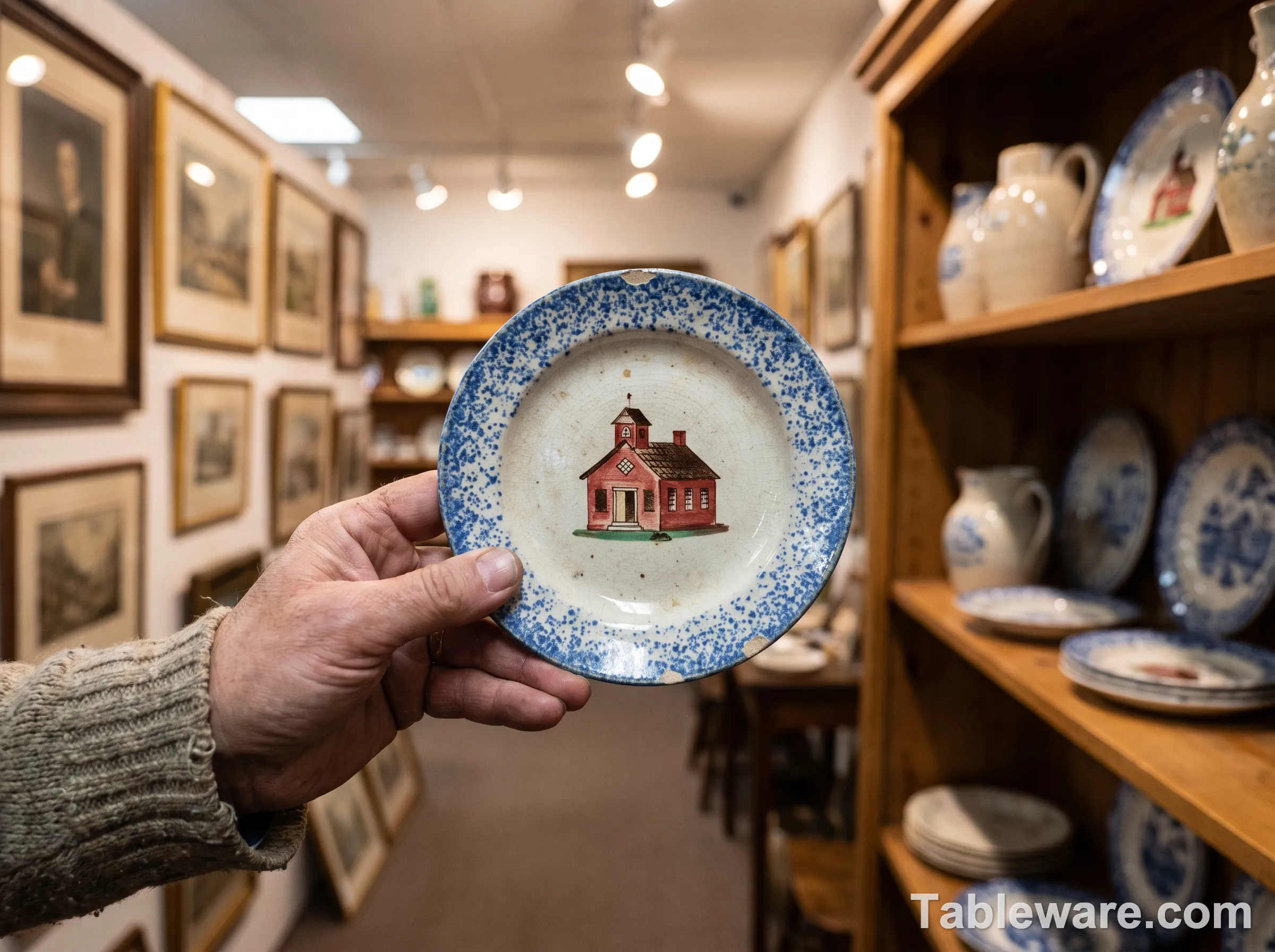 A hand holding a small Staffordshire spatterware schoolhouse plate in an antique mall aisle