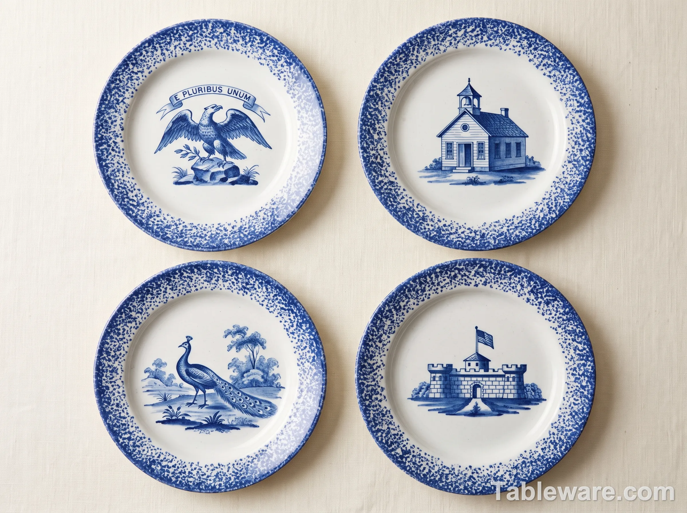 Four spatterware plates showing the peafowl, schoolhouse, eagle, and fort motifs