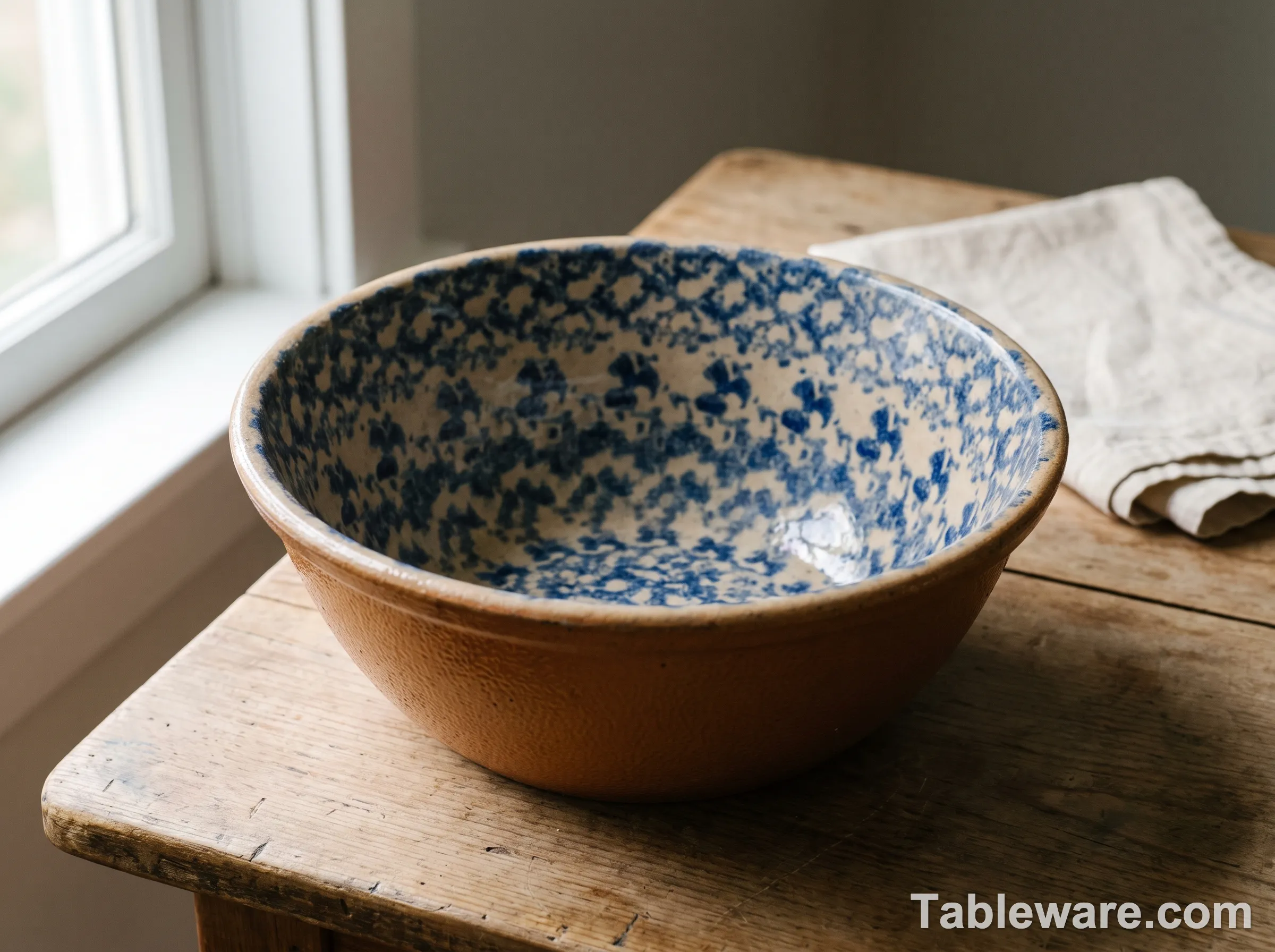 A 13-inch blue-and-white stoneware spongeware mixing bowl on a wood surface