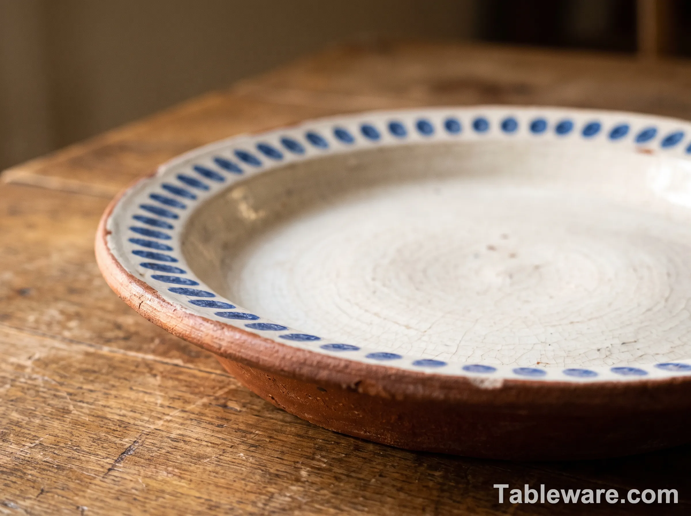 A 10-inch Pennsylvania redware stickware plate with a regular row of cobalt blue rim stamps