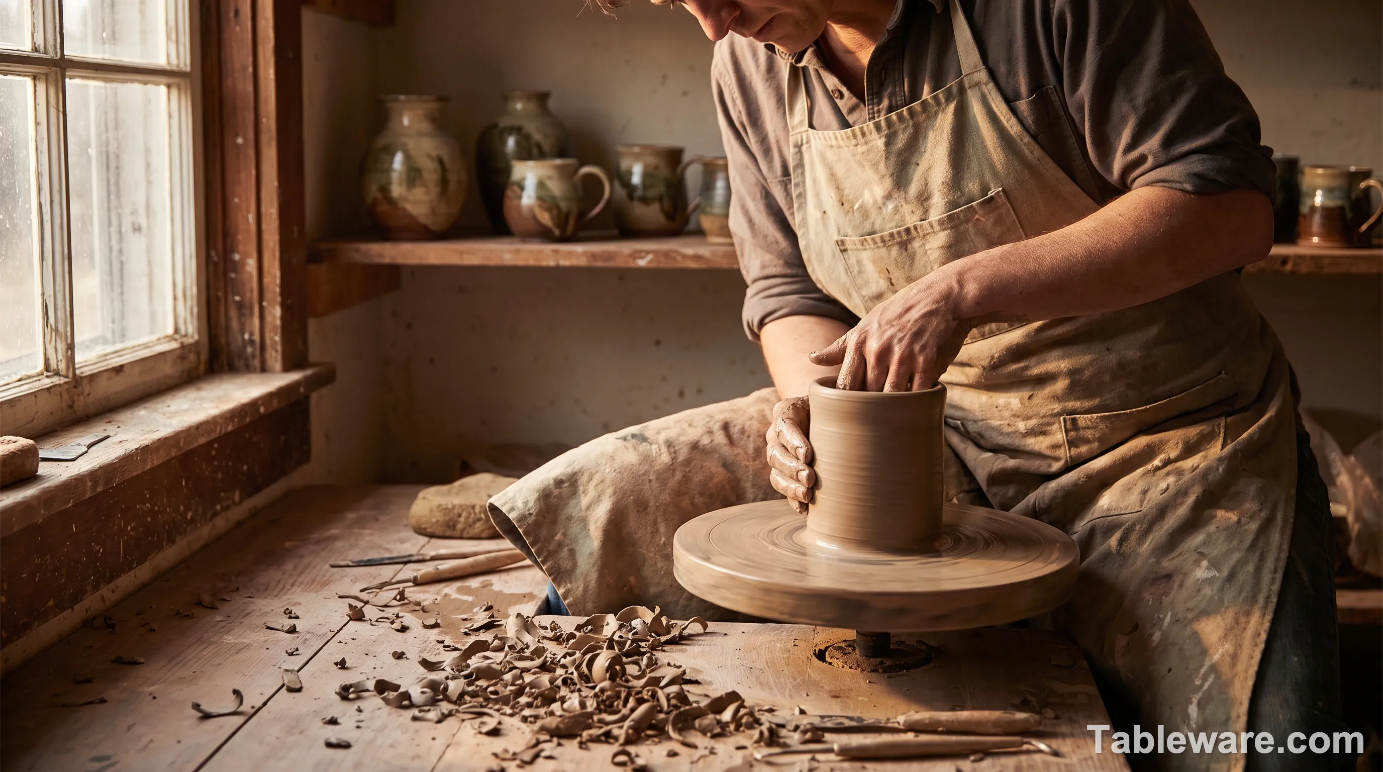 A solo studio potter at a kick wheel in a small home studio, hands on a freshly thrown cylinder, with one-of-a-kind pieces on a wooden shelf behind