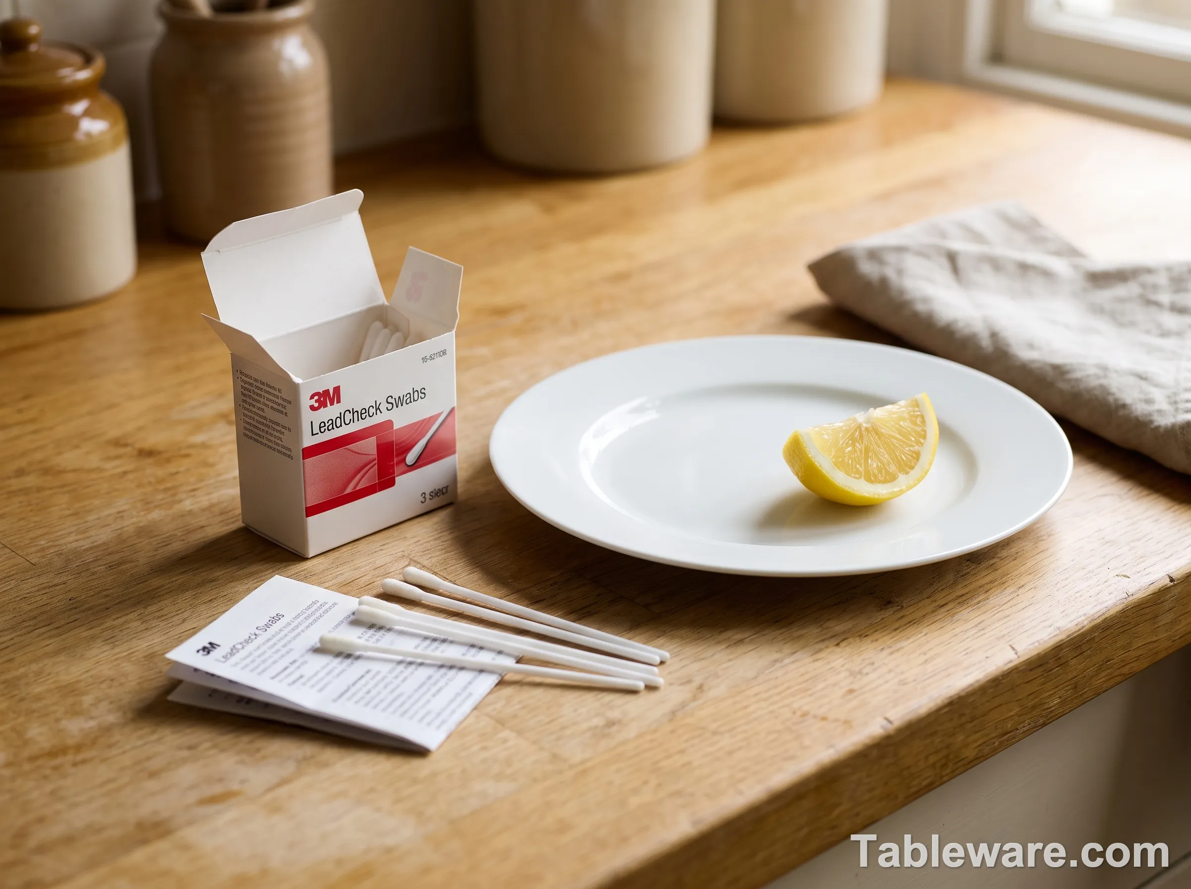 A 3M LeadCheck swab test kit next to a vintage ceramic plate